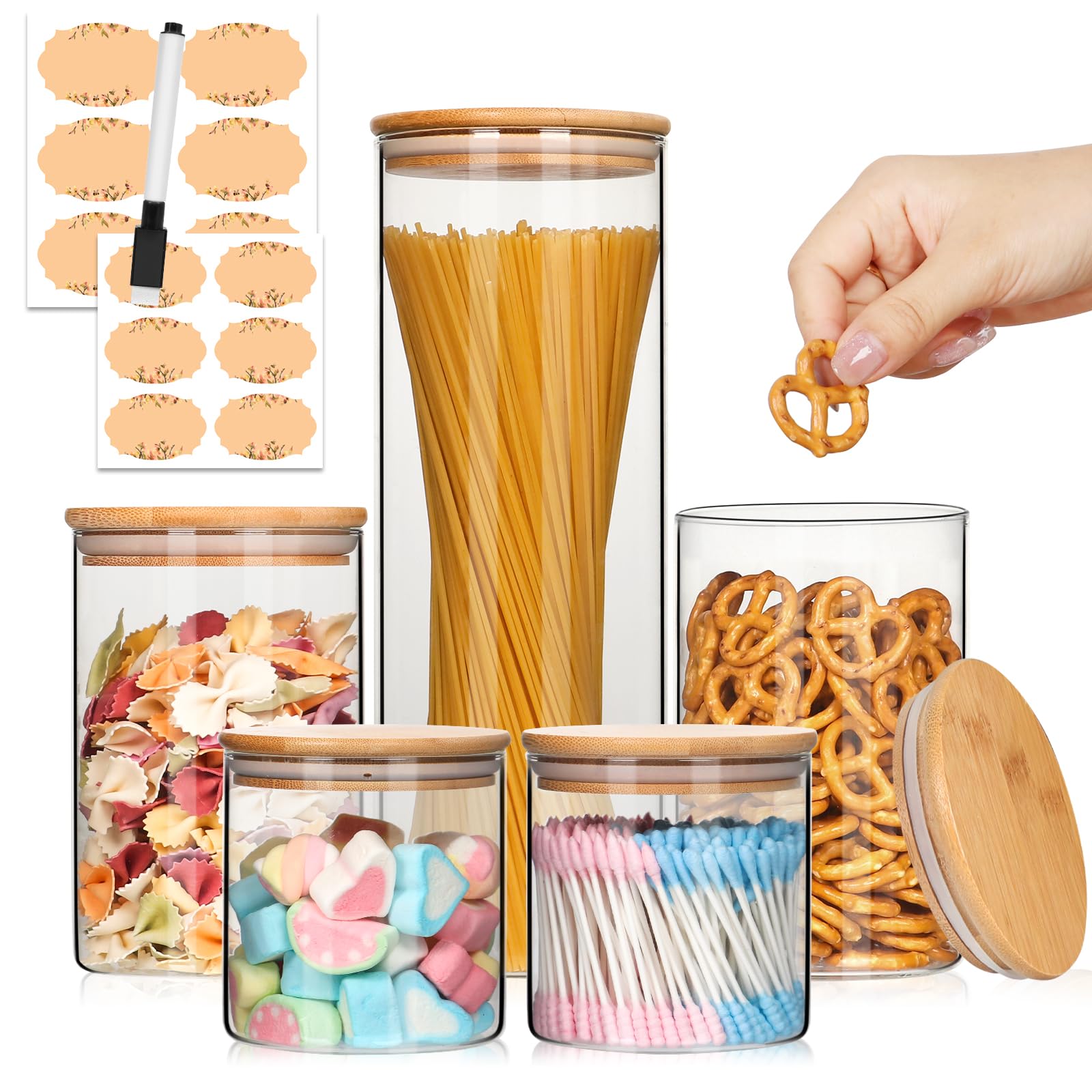 Photo 1 of AuroTrends Glass Jars with Bamboo Lids 5Pack, Glass Food Storage Containers with Lids for Kitchen Storage- Stackable Kitchen Canisters with Stickers and Marker (Set of 5) 3Sizes-5Pack