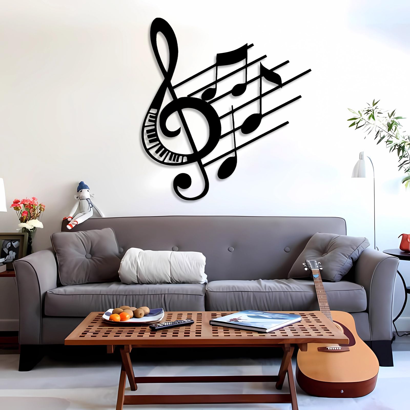 Generico Decoración de pared abstracta contemporánea de Metal con notas musicales, Arte, Clave de sol, adornos colgantes, Regalo para enamorados, hogar (65 x 70 cm, Blanco)
