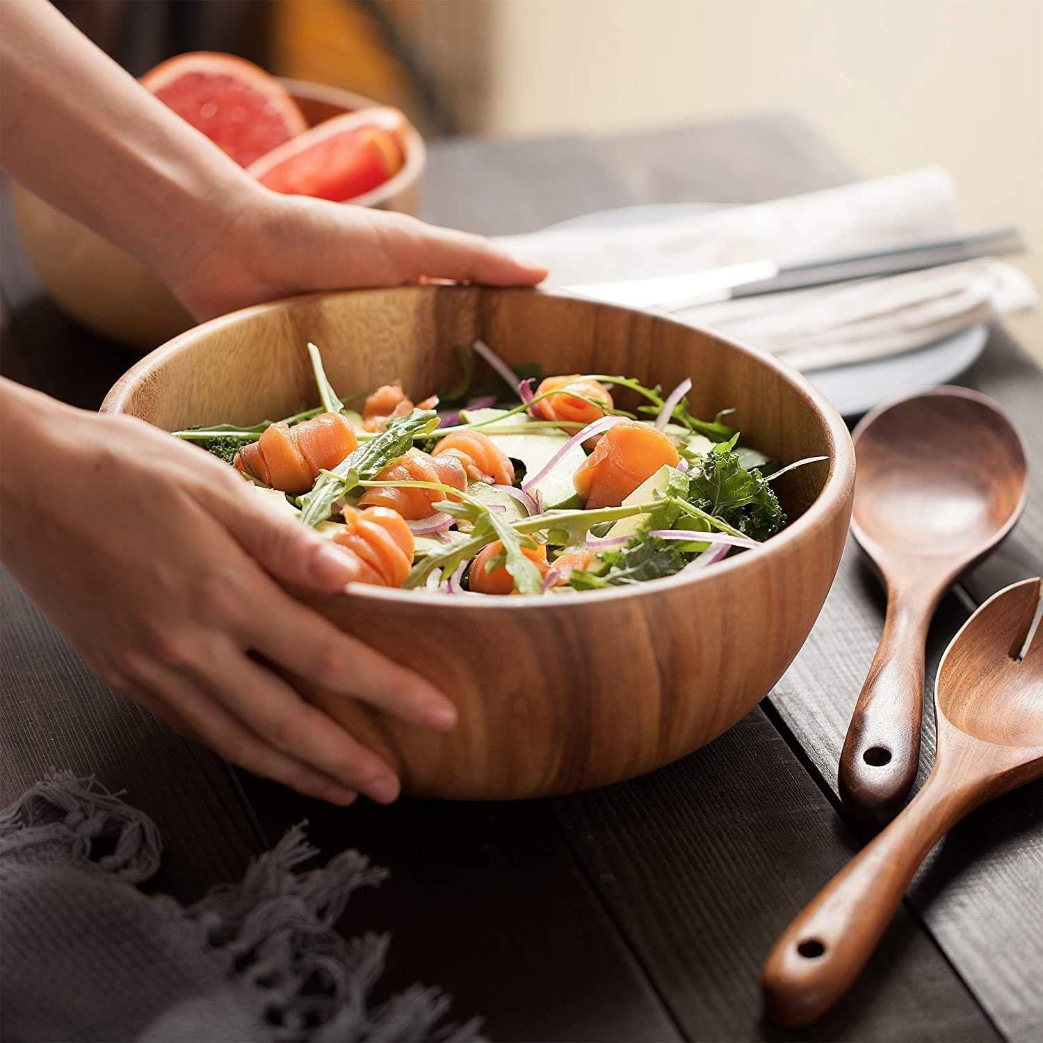 Ensaladera de Madera de 23 cm con Cuchara, se Puede Utilizar para Frutas y ensaladas.