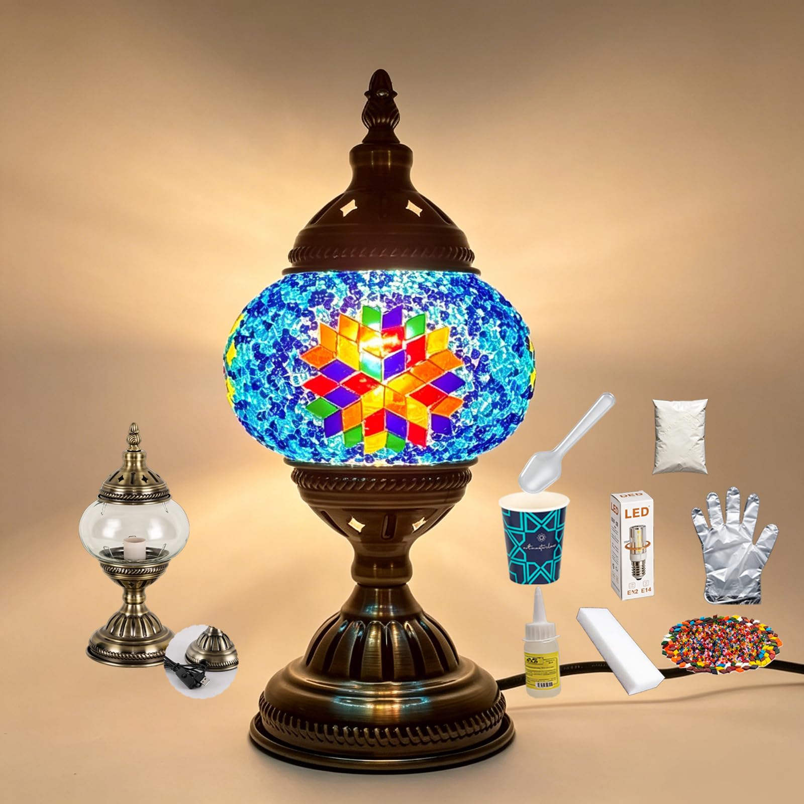 shulovehua DIY Turkish Mosaic Lamp Kit with Bronze Base Stained Glass Table Lamp for Adult & Teen Night Stand Light Included LED Bulb for Living Room Bedroom Children's Room Decor(5.12x11.42in)