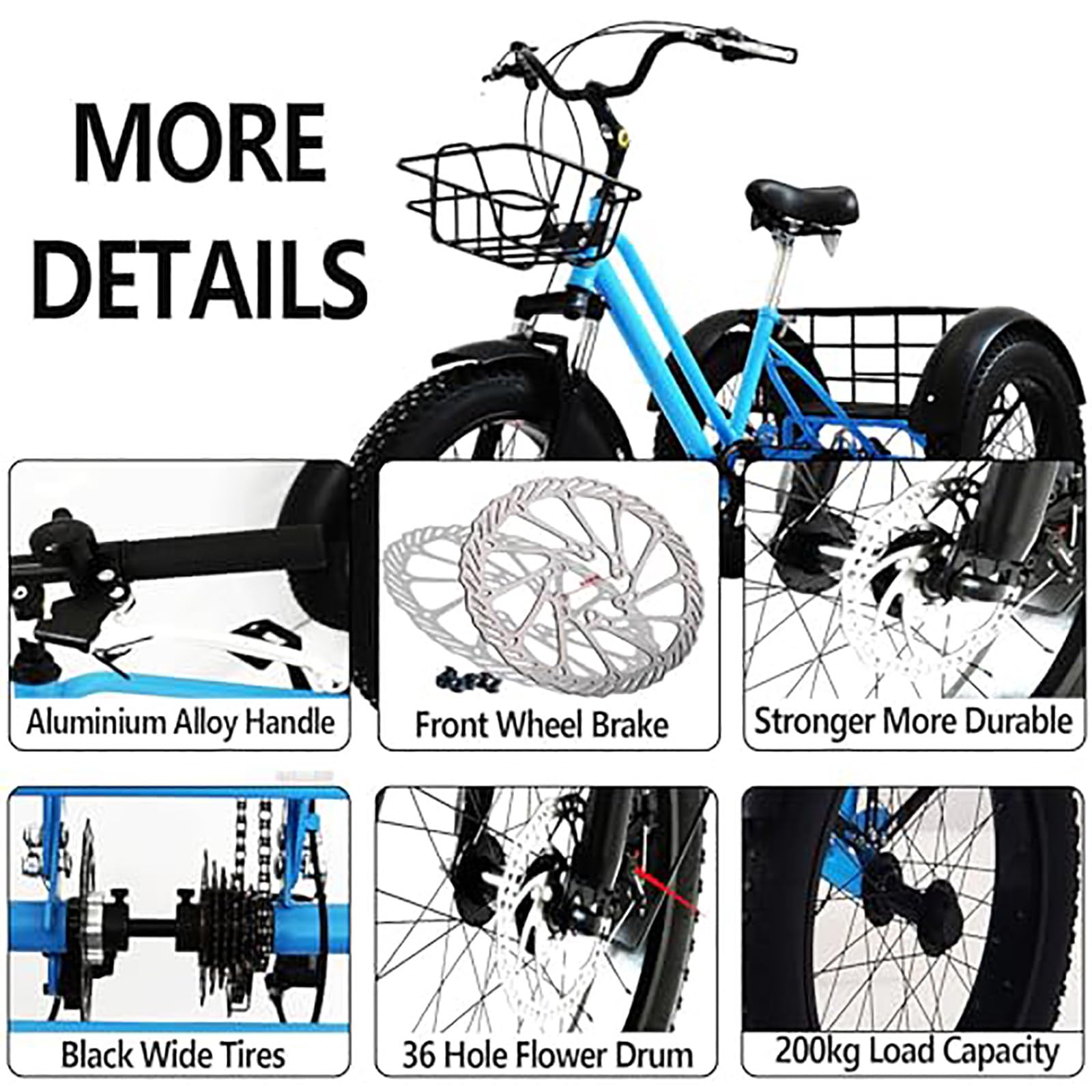 Triciclo De Ruedas Anchas De 7 Velocidades, Bicicleta De Crucero De Tres Ruedas De 20″, Capacidad De Carga De 200 kg, para Paseos Diarios, Compras Y Transporte De Carga Black