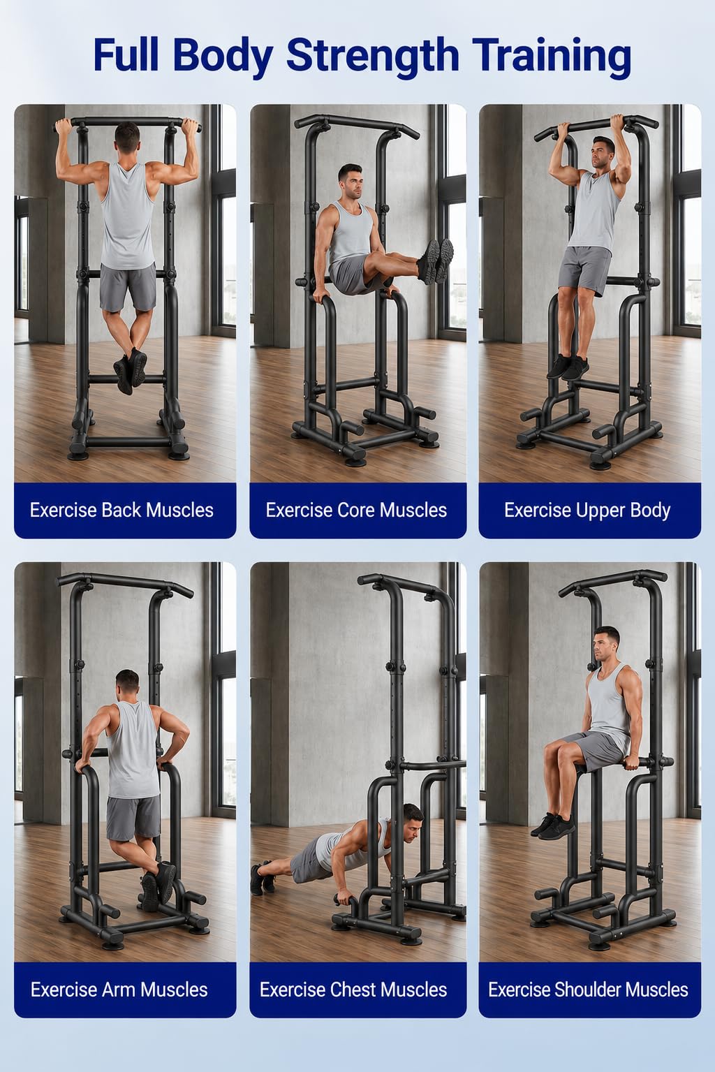 Barra de dominadas independiente de hasta 215 cm, estación de fondos Power Tower de hasta 150 kg, ajustable en 9 direcciones, estación de fuerza compacta con barras para fondos, barra para fondos
