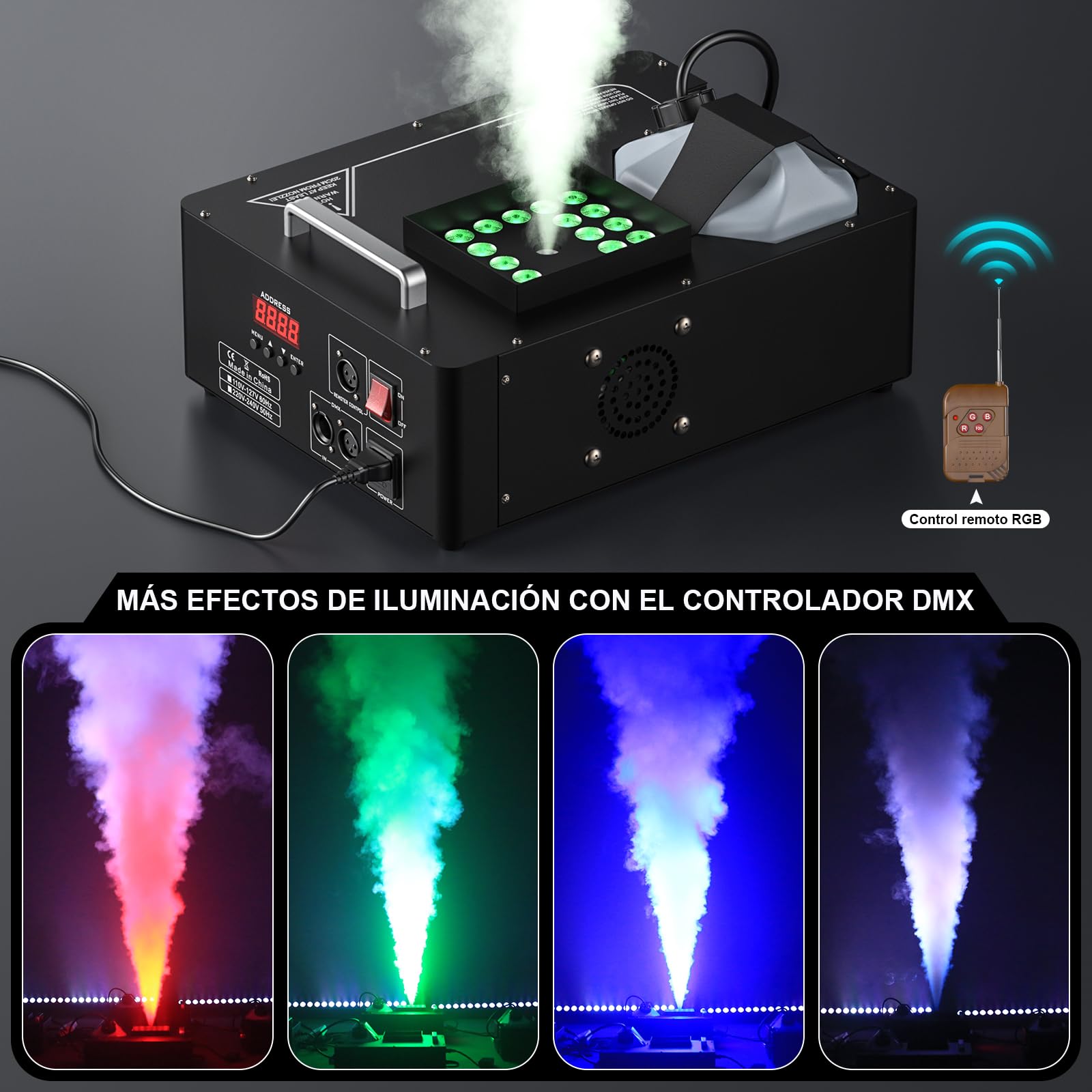 Máquina de Humo 1500W con 24 LED luces RGB Efectos Máquina de Niebla con remotos Inalámbrico Fog Machine Portátil para Fiesta Navidad Escenario Discoteca DJ Boda Halloween