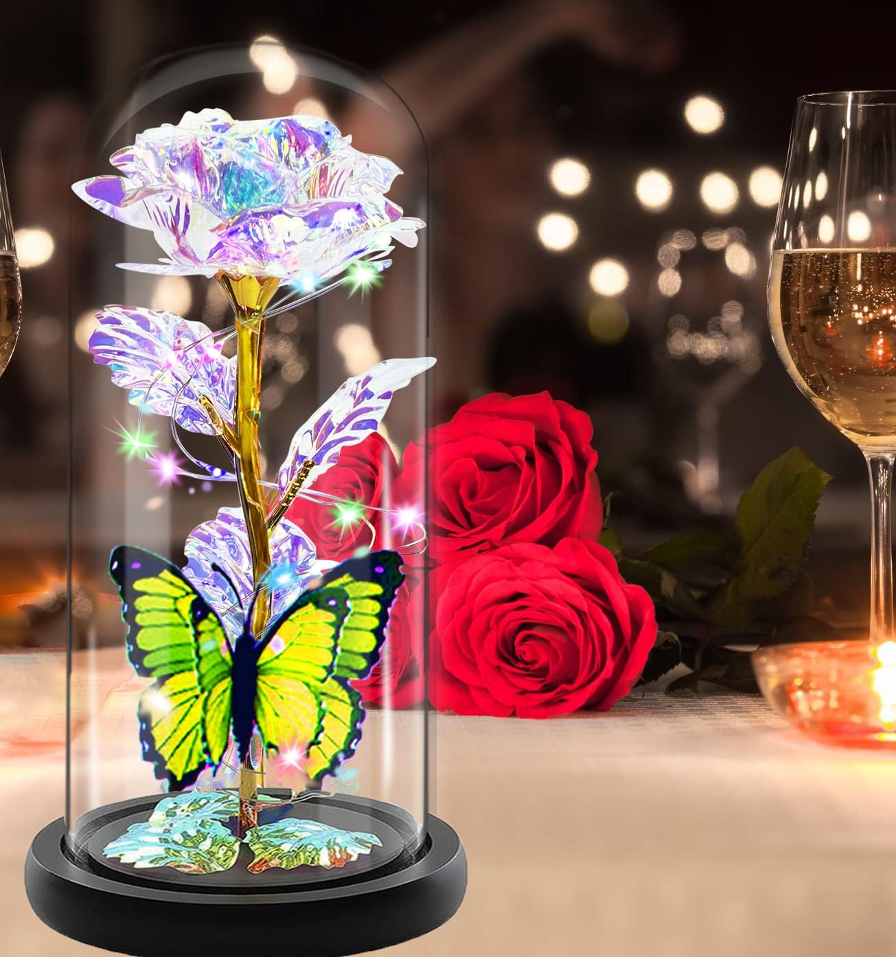 Fvawe Mothers Day Rose Flower Gifts for Mom, Birthday Gifts for Women, Galaxy Crystal Light Up Rose Flowers in A Glass Dome, Mother Day Presents Wife Grandma Sister Her Mom from Daughter Butterfly