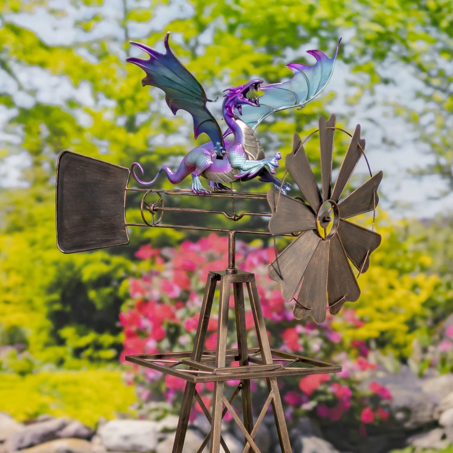 Windmill Spinner with Moving Hand-Painted Animals Scenes on Top, Includes Metal Tower Stand, Decorative Garden Decor (Flying Dragon)