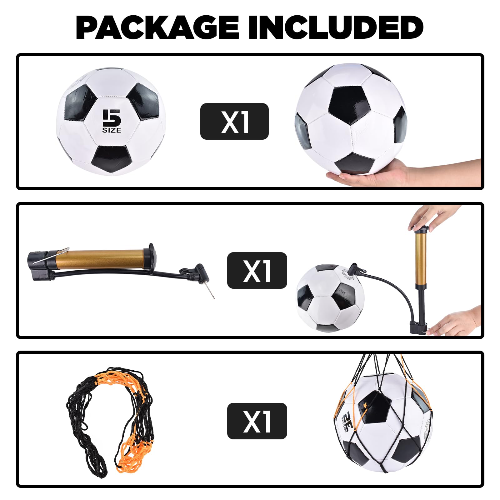ELKCIP Classic deflated Soccer Balls Size 4/5 with Pump and Mesh Bag for Indoor Outdoor Lawn Game Training Practice Bulk Sport Gift for Teens Adults, Black, Size 5