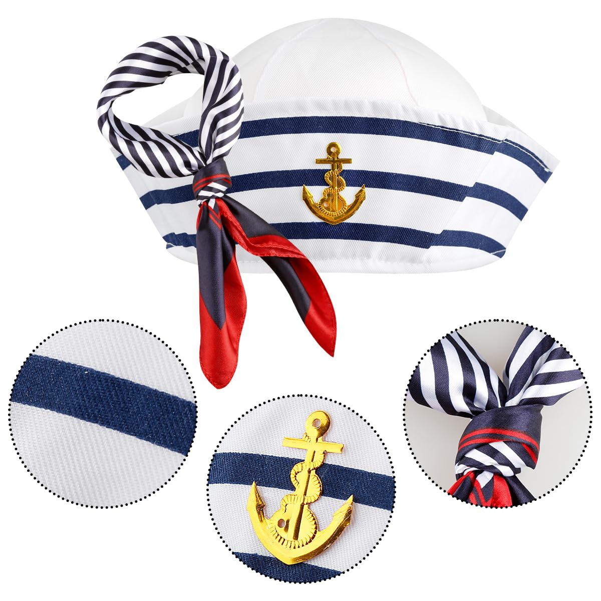 Thyonta 2PCS Blue and White Striped Sailor Hat and Scarf Set Round Top Dress Up Party Captain's Hat Suitable for Sea Boat Party, Halloween - Image 3