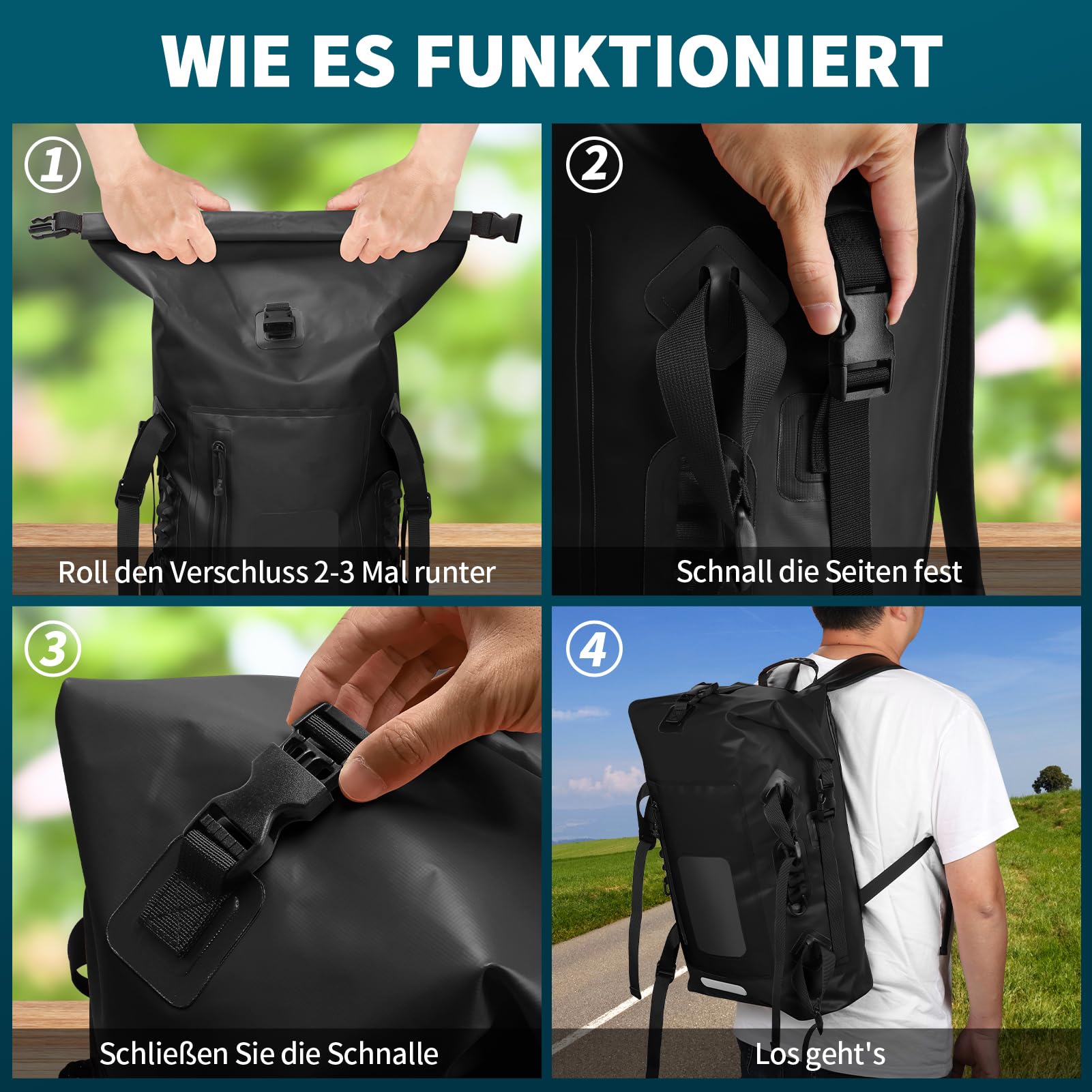 Zaino impermeabile 30 – 35 l, rolltop impermeabile con tracolla imbottita, chiusura lampo impermeabile, sacchetto asciutto per sport acquatici, ciclismo all'aria aperta, escursionismo