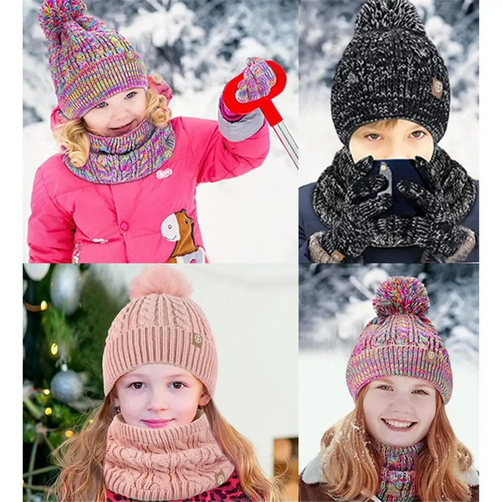 Mütze, Schal & Handschuh-Sets Für Damen Lässiges Strick-wintermütze-Set Für Kinder, Handschuhe, Schal, Warmer Nackenwärmer, Beanie-mützen Mit Bommel Für Kaltes Wetter-b-eine Größe