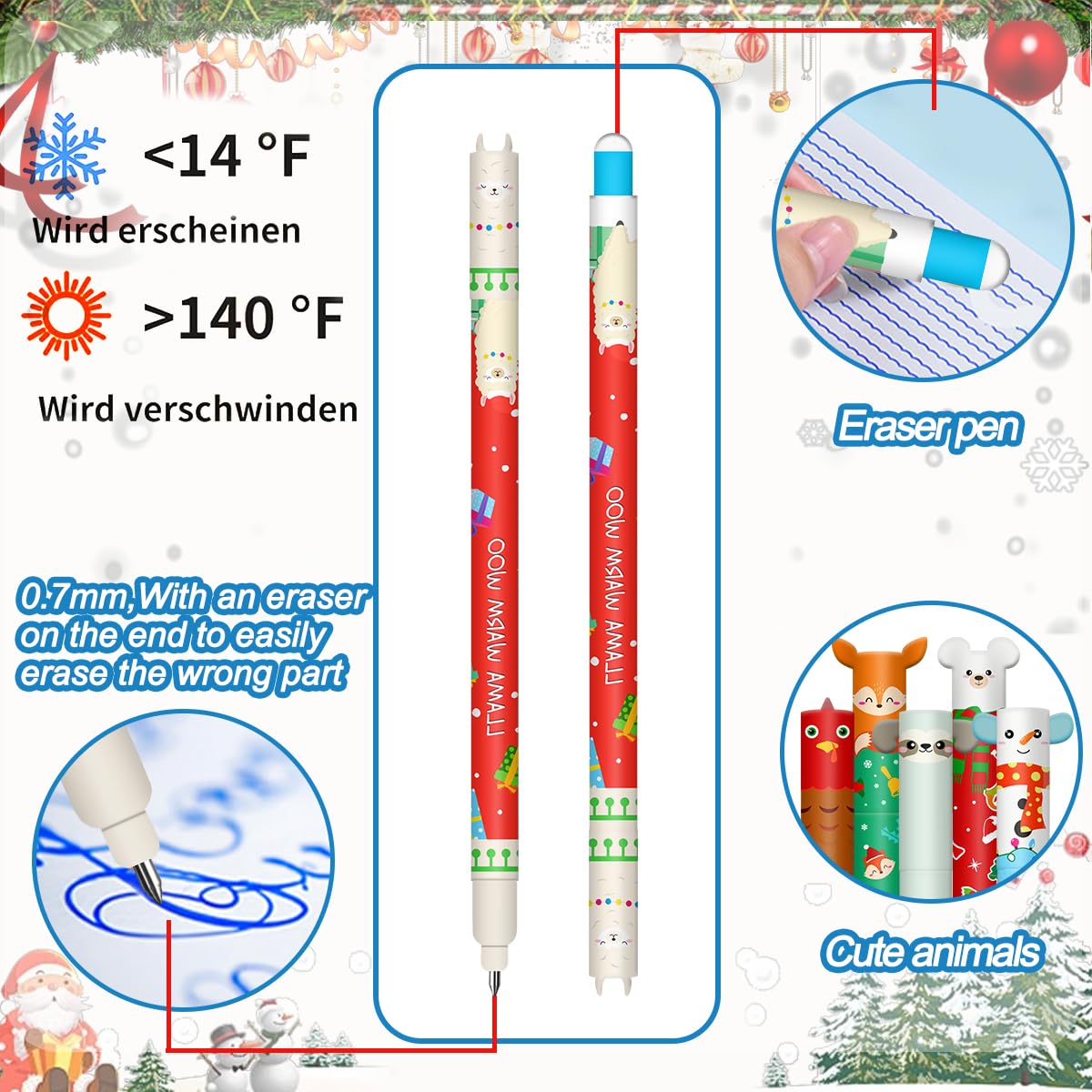 Lot De 4 Stylos Noël Effaçables Gel - Stylos Thermosensibles Pour Fêtes Et Cadeaux