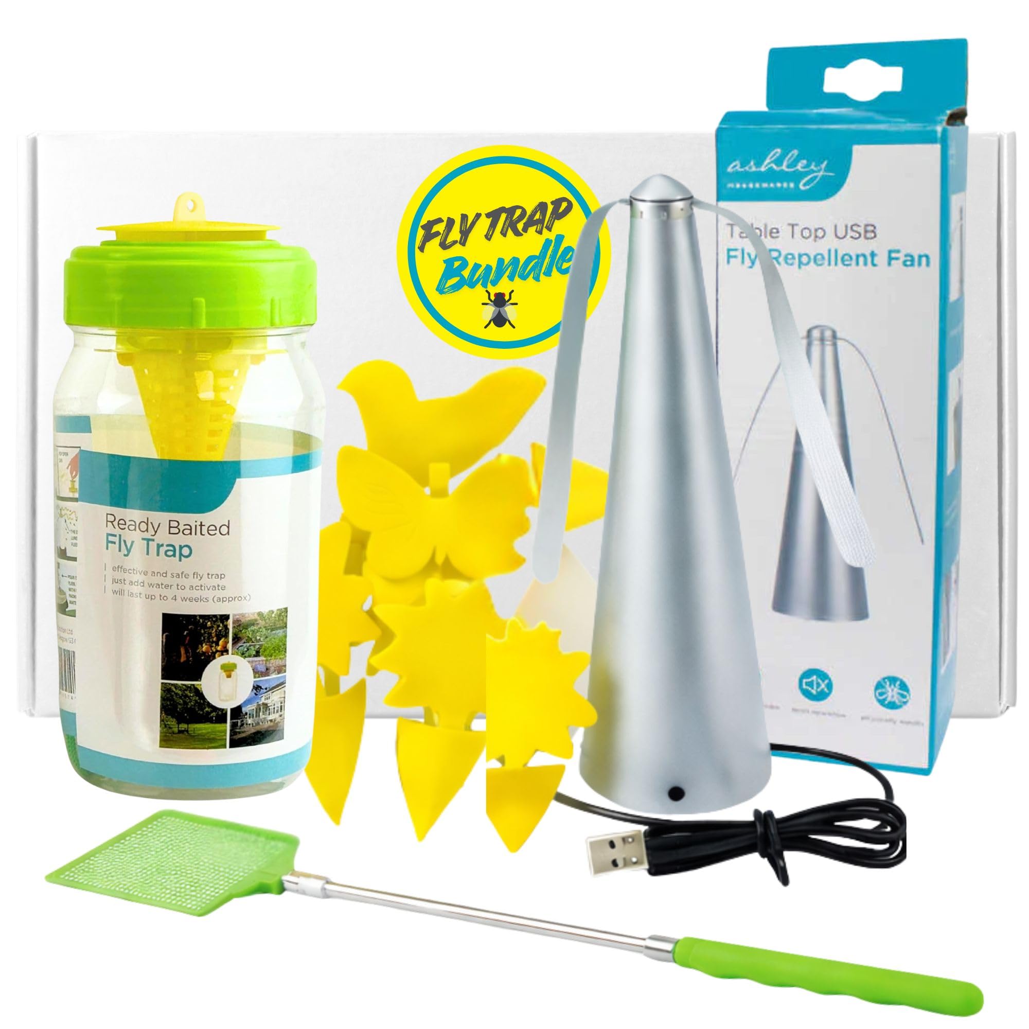 Fly Trap & Fruit Fly Trap Bundle with USB Fly Fan, Sticky Traps & Swatter