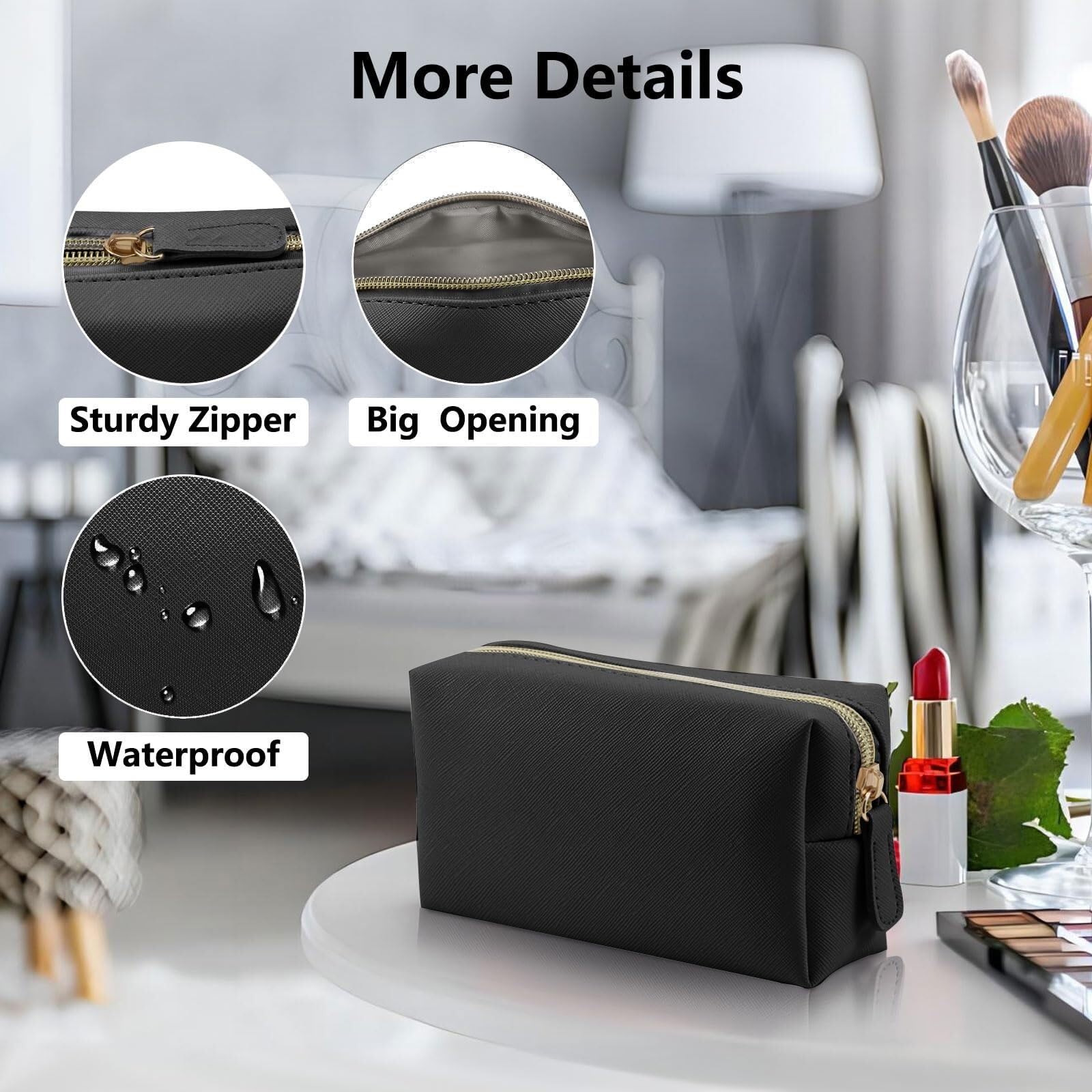 RUVOO Portátil para Viaje Bolsas Bolso Cosmético De Cuero del Viaje Pequeño Bolso Cosmético Portátil del Almacenamiento del Bolso del Cosmético con La Cremallera Organizador Maquillaje(Black,24cm)