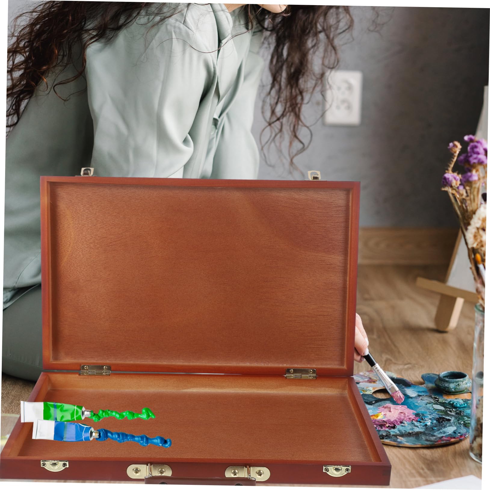 Caja de almacenamiento de madera para artistas con mango para pinturas y herramientas