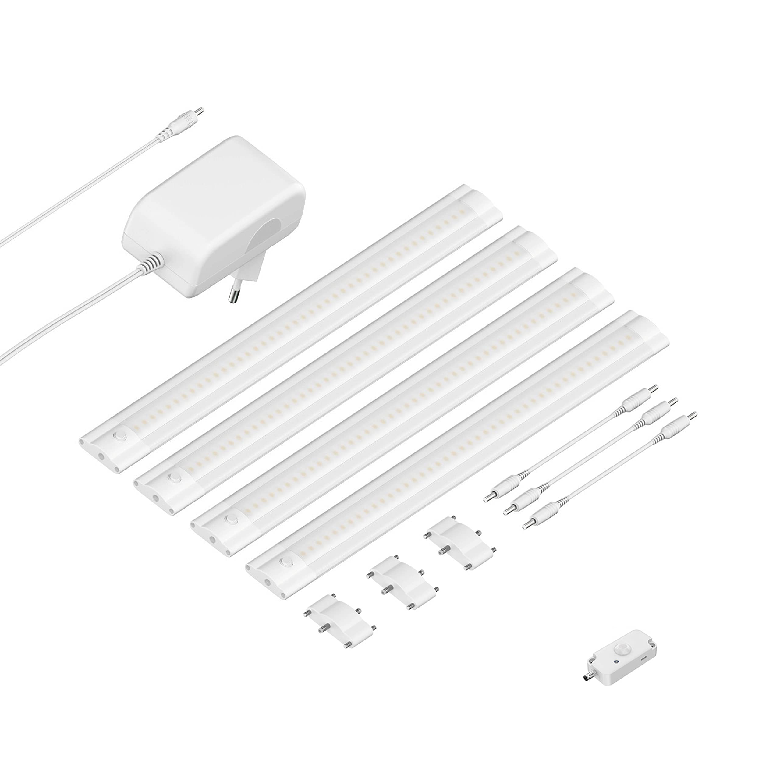 ledscom.de LED Unterbau-Leuchte SIRIS weiß matt mit Bewegungsmelder, flach, je 30cm, je 368lm, warm-weiß, 4er Set