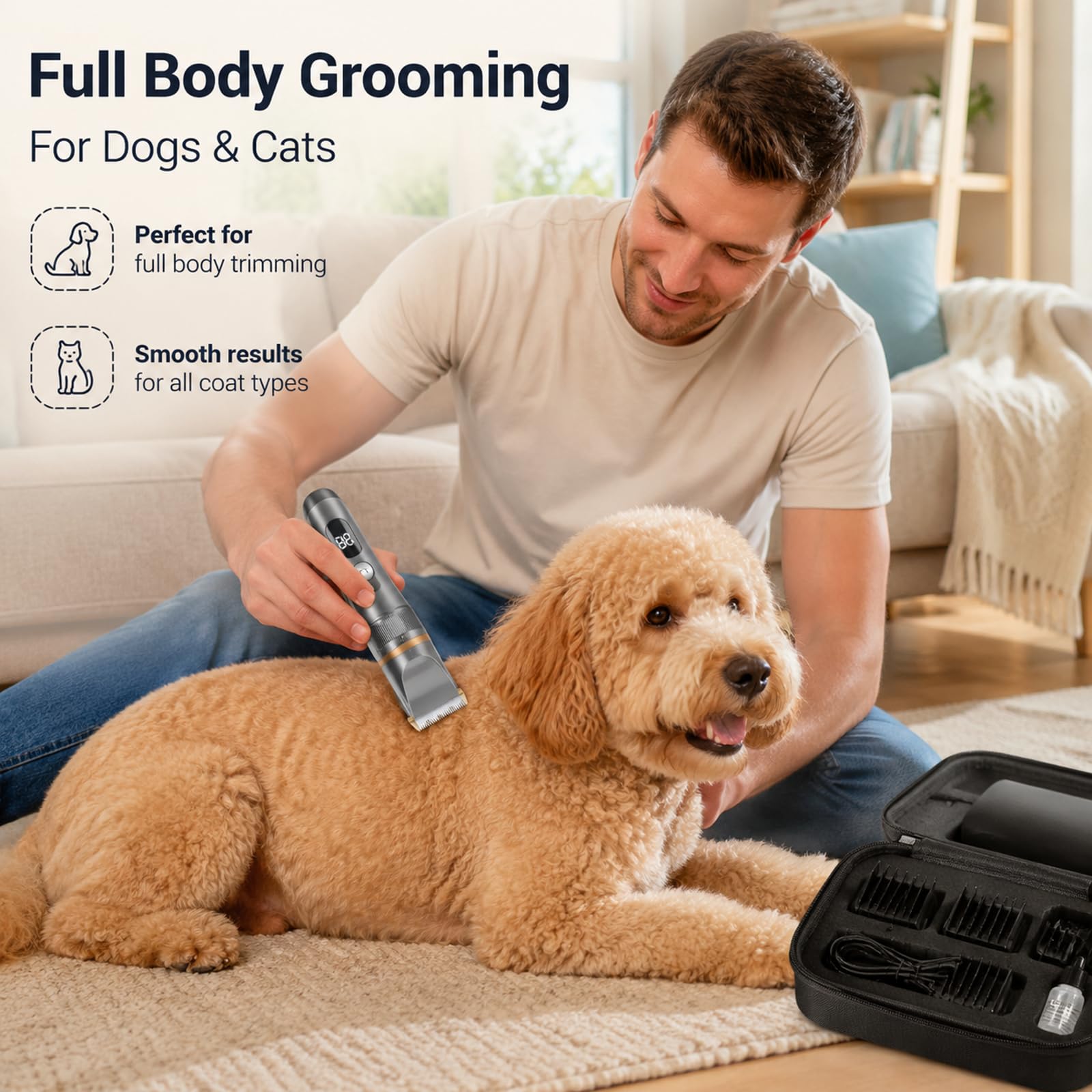 Tondeuse Pour Chiens Eanmoda V3 – Tondeuse Sans Fil Rechargeable Et Silencieuse Avec Lame En Titane-Céramique Et Sabots De Guidage, Idéale Pour Les Pelages Épais (1Set)