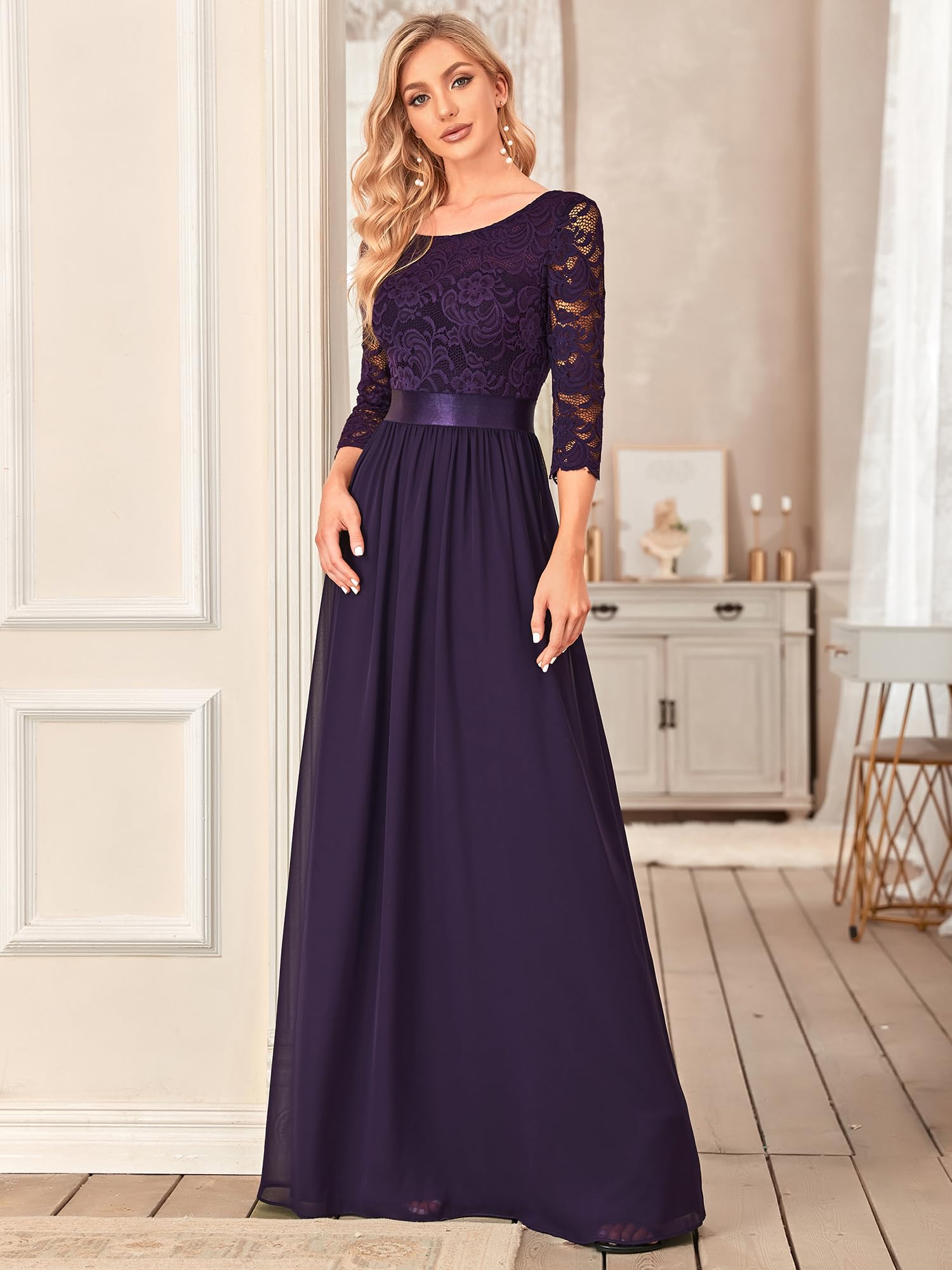 Ever-Pretty Vestidos de Fiesta Encaje Gasa Cuello Redondo Manga 3/4 Corte Imperio A-línea para Mujer 07412