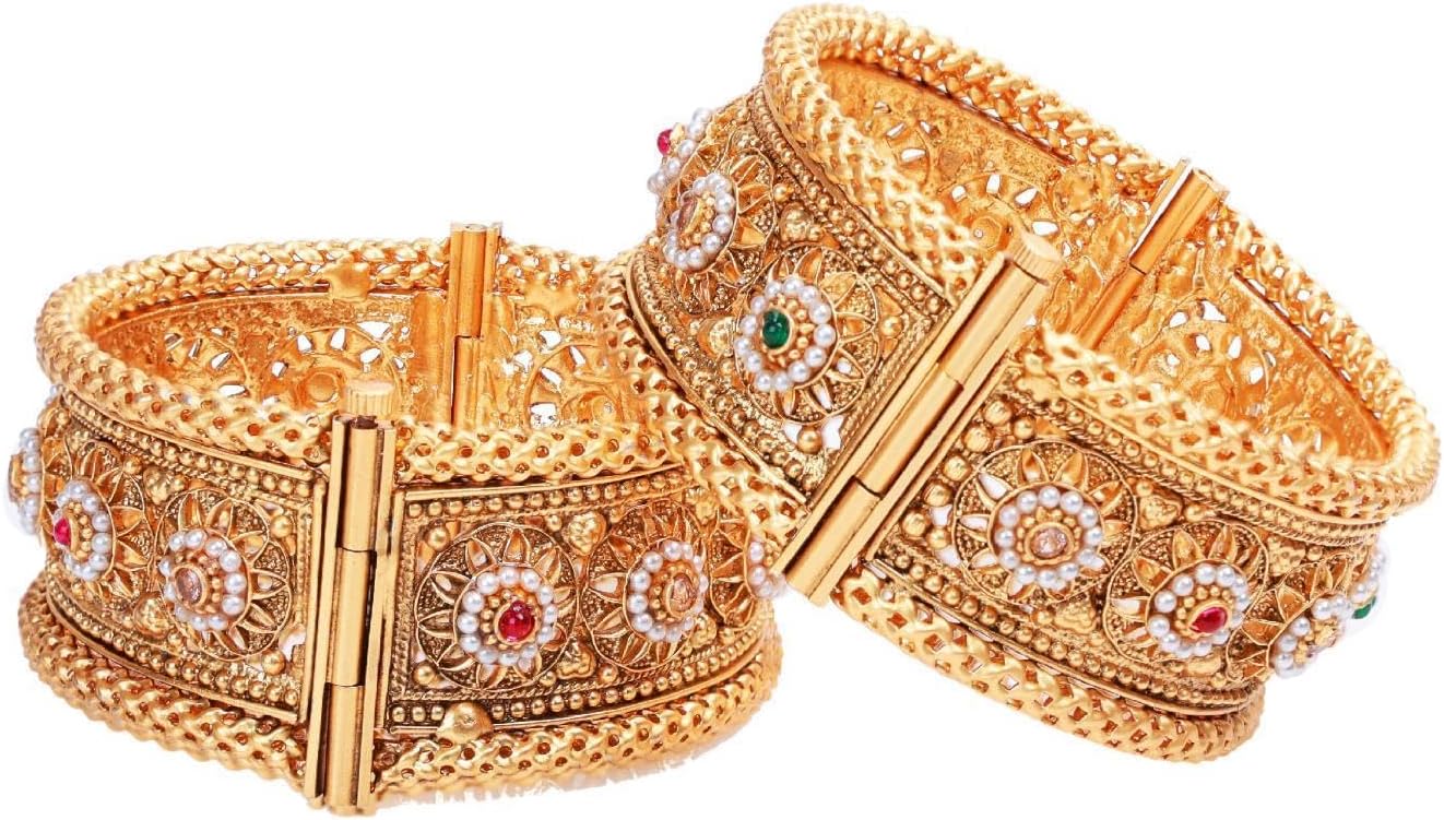 Efulgenz Indian Bangles for Women Gold Tone Bracelet Bangle Set Crystal Floral Engraved Style Hinge Openable Big Broad Bracelet Bangles Indian Bridal Jewelry for Wedding Bollywood Fashion Jewelry (2 Pcs)
