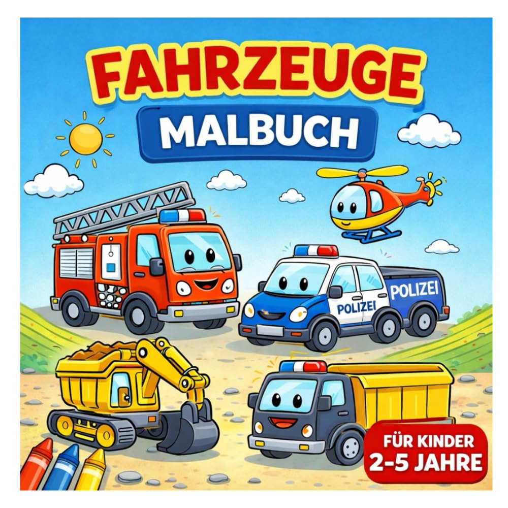 Fahrzeuge Malbuch für Kinder 2–5 Jahre: Einfache & große Motive zum Ausmalen – Autos, LKWs, Boote & mehr