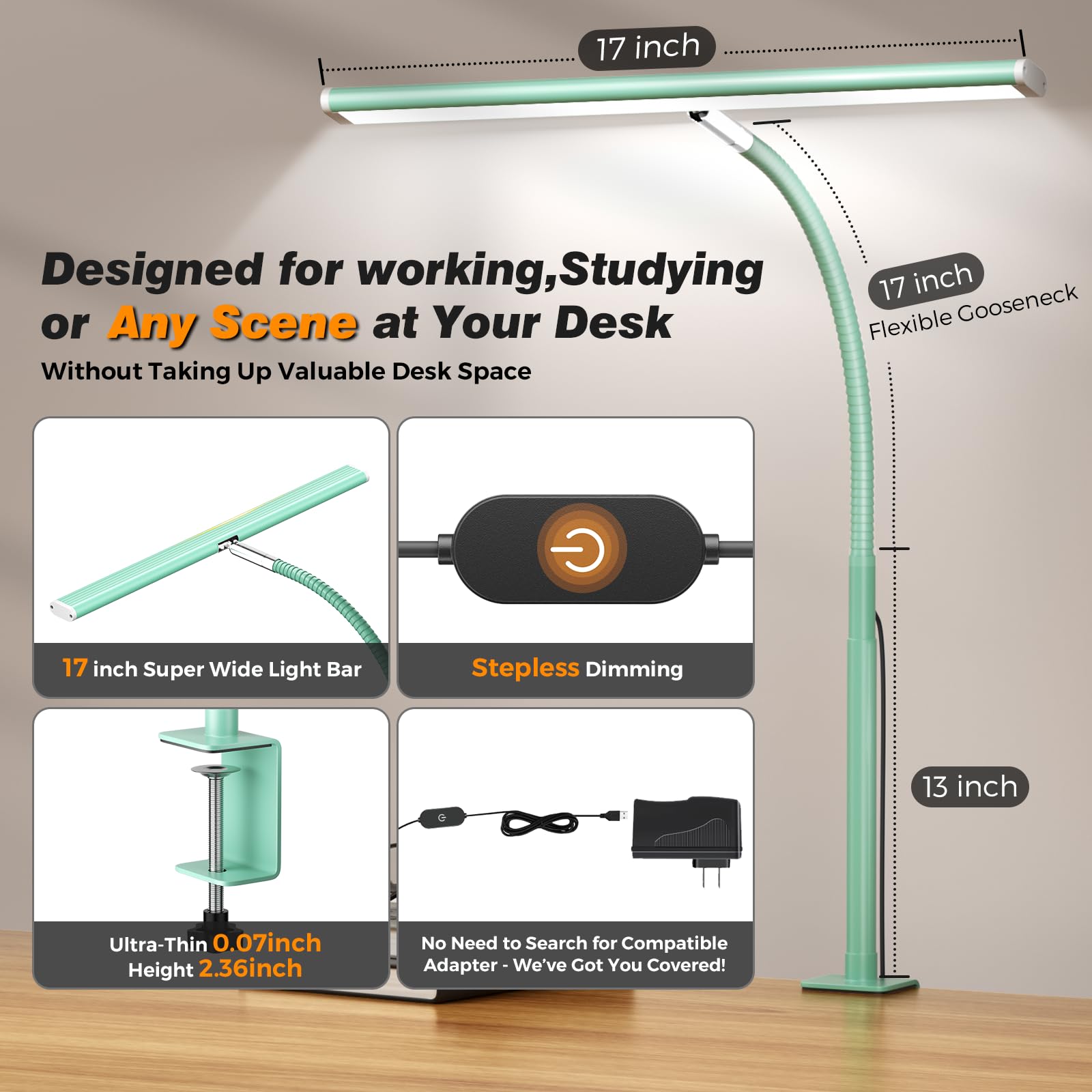 Airlonv LED Desk Lamp with Clamp, 17" Stepless Dimming Light, Mint Green view 3