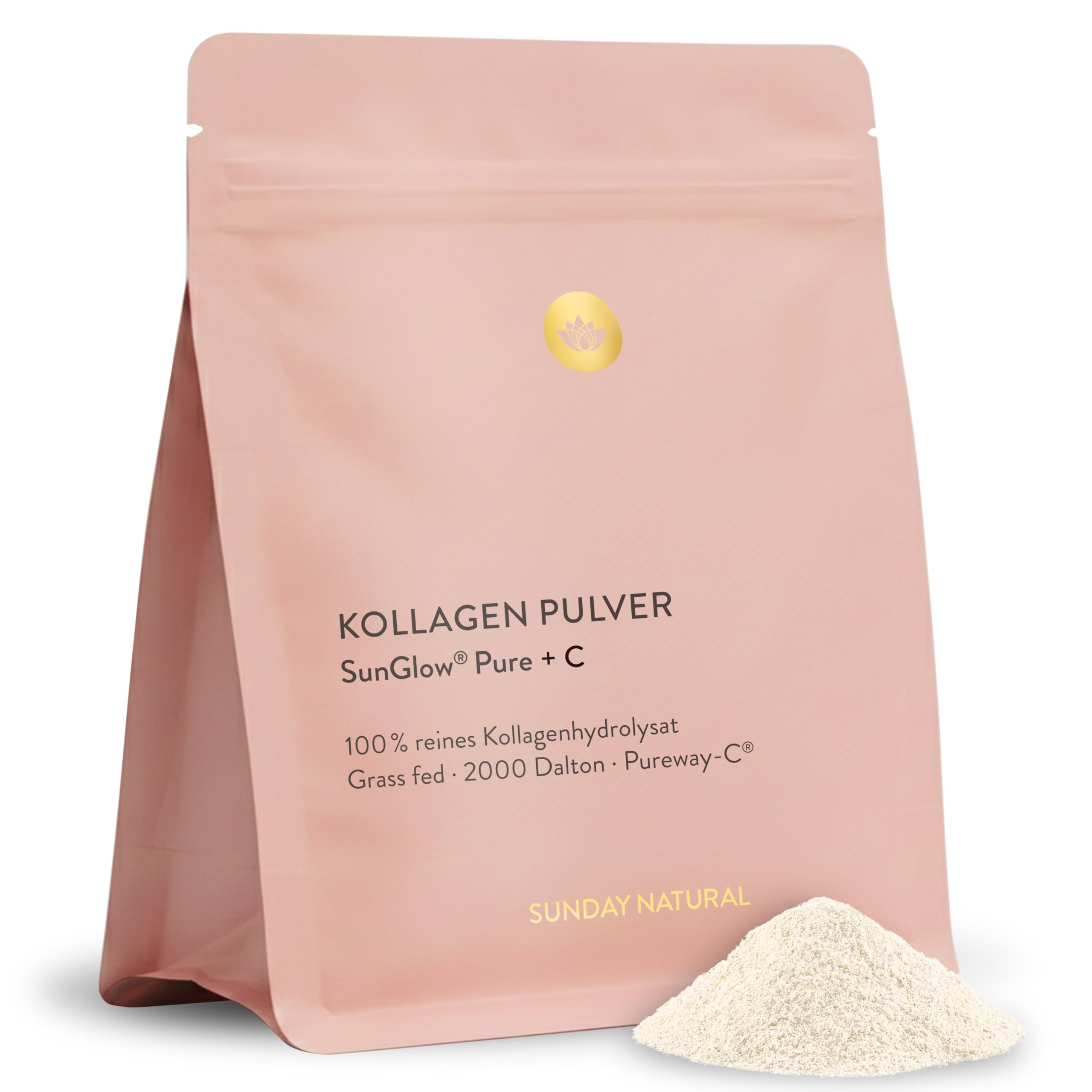 SUNDAY NATURAL® Kollagen Pulver SunGlow® Pure – 452g – Collagen Pulver mit Vitamin C – Premium Kollagen Hydrolysat – Hergestellt aus Kollagen Typ 1 & 3 – Exzellente Löslichkeit – Geschmacksneutral