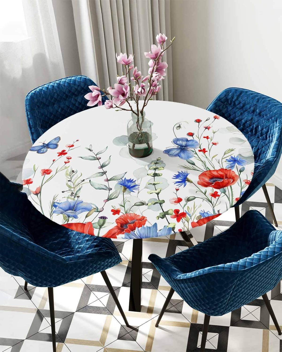 Round Fitted Tablecloth, Independence Day Poppy Flower Eucalyptus Leaves Summer Blue Red Floral Waterproof Table Cloth Table Cover with Elastic Edged for Outdoor Parties, Fits Tables up to 55" - 60"