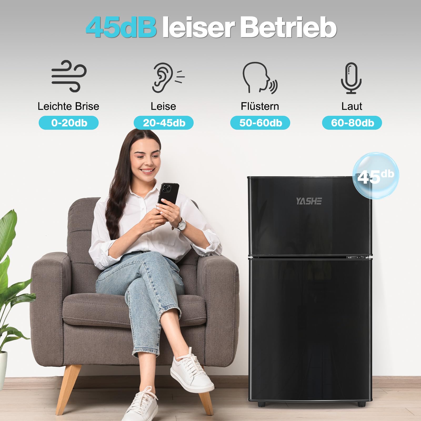 YASHE 86L Mini Kühlschrank mit Gefrierfach - Kleiner Kühlschrank, Doppeltür-Kühlschrank mit verstellbarem Thermostat, 7 Stufen, ideal für Wohnungen, Schlafzimmer, Büros und mehr