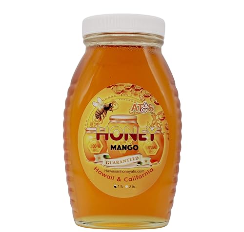Miel hawaiana AT y S, miel hawaiana de mango natural, tarro de vidrio de 1 libra, cruda, 100 % pura, sin filtrar, amarillo, 1 libra