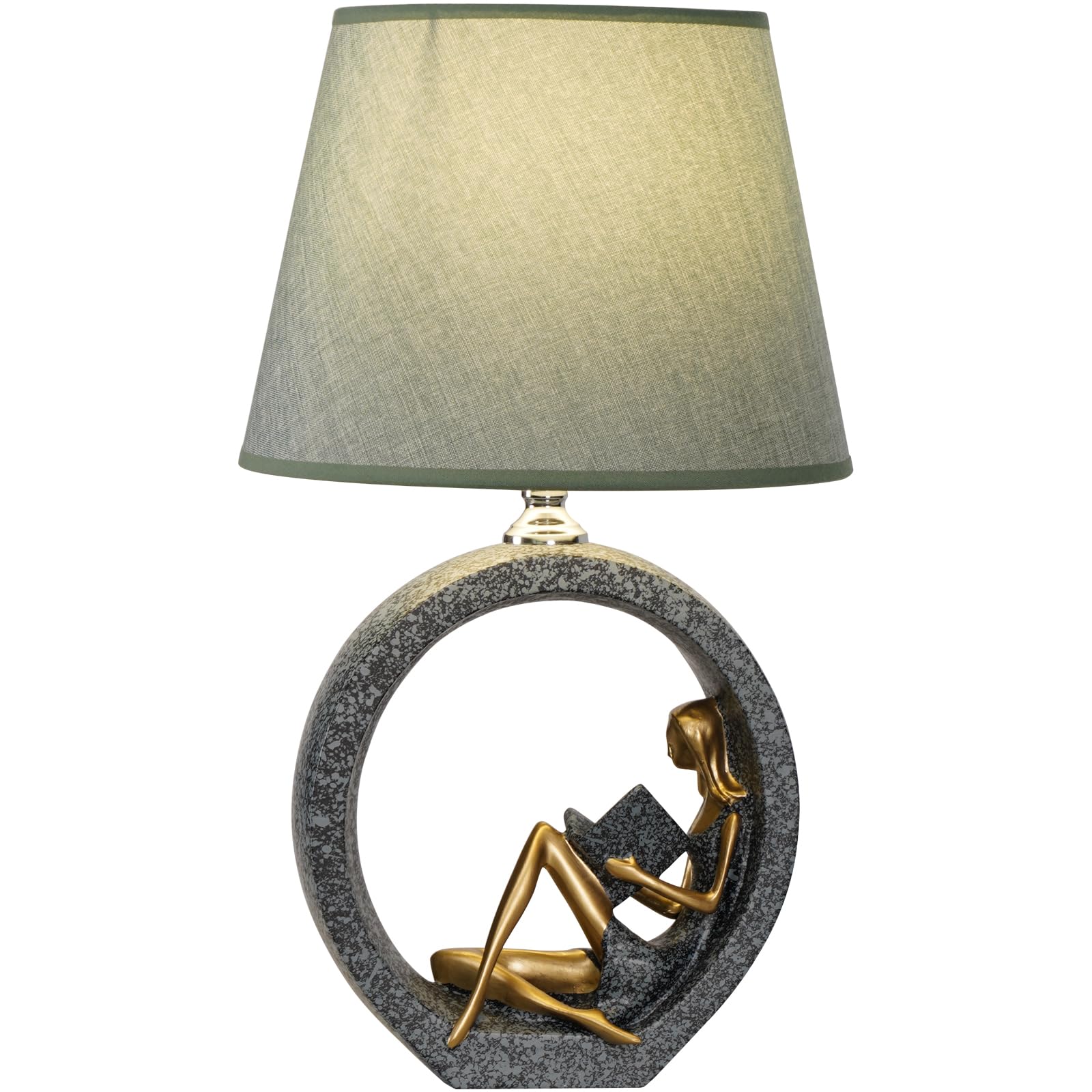 Creative Girl Lampe de bureau décorative avec base de figurine de lecture, vert noirâtre et or, hauteur 43 cm, abat-jour blanc, décoration artistique