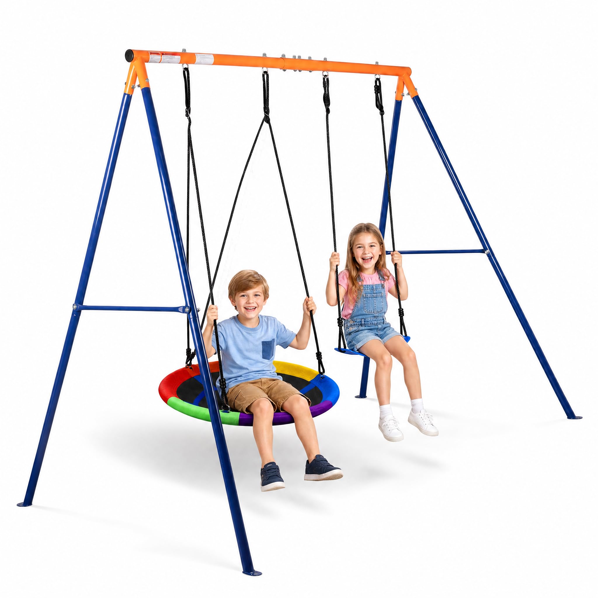 HLC Garden Swing Set with Nest & Curved Seat, Sturdy Steel A-Frame Kit Blue