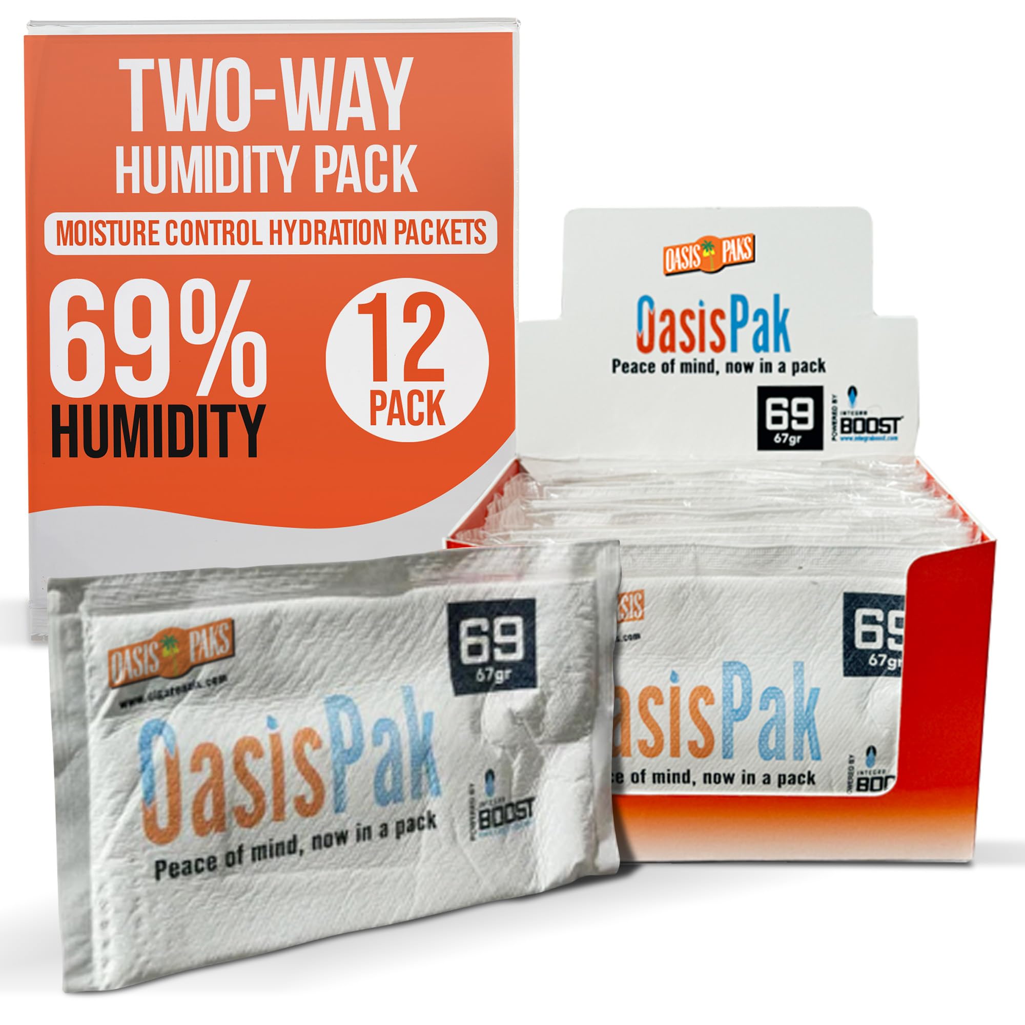 Pak Two-Way Humidity Packs - Ultimate Moisture Packs for Storage - Prevent Overdrying - Ideal Humidifier Packs & Hydration Packets - 67 Grams, 69% Humidity Level (Pack of 12)