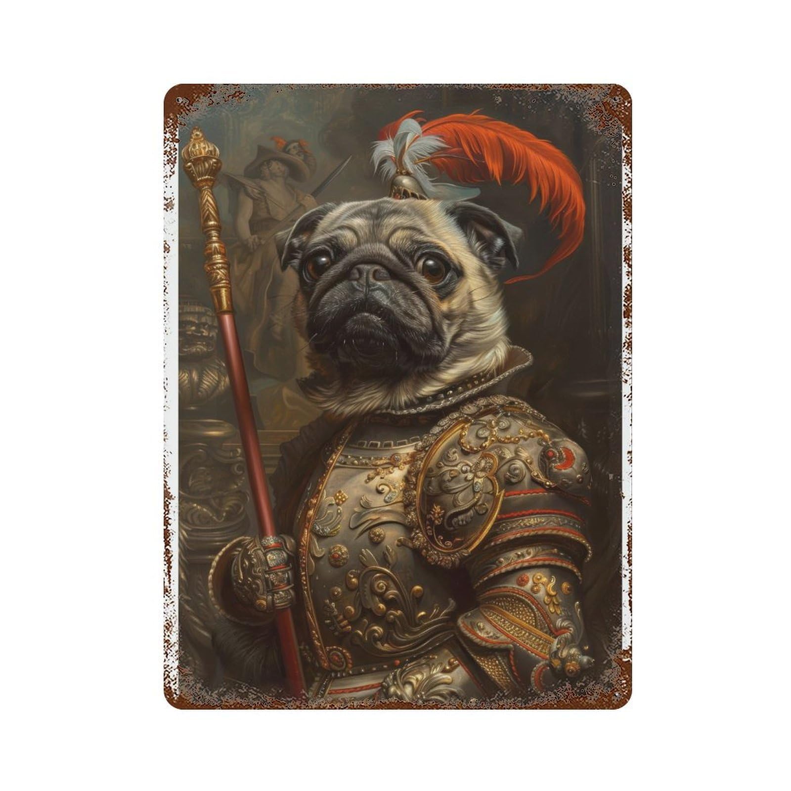 Renaissance Military Pug Dark Academia Gothic Antique Dog Portrait Victorian Era Rustic Vintage Wall Decor Art Metal Tin Poster Modern Home Decor Art Home Bar Shop Decorations Vintage Sign 40x30cm