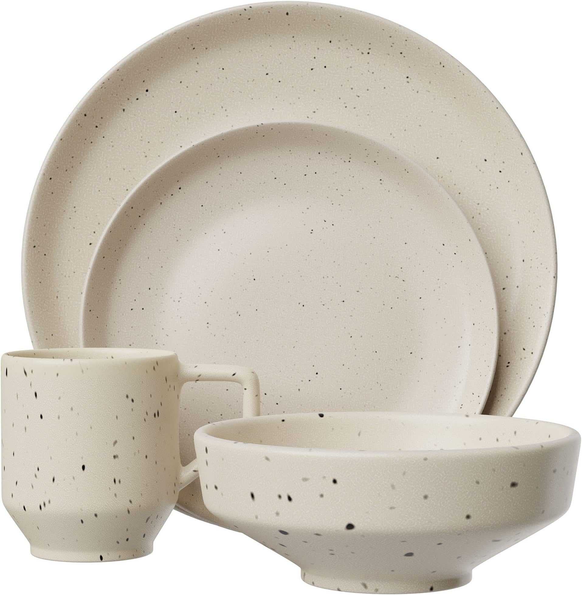 American Atelier Reactive 4-Piece Stoneware Place Setting | Coffee Mug, Bowl, Plate Set | Stoneware Dinnerware Set | Microwave, Dishwasher Safe | Service for 1 | Speckled Cream