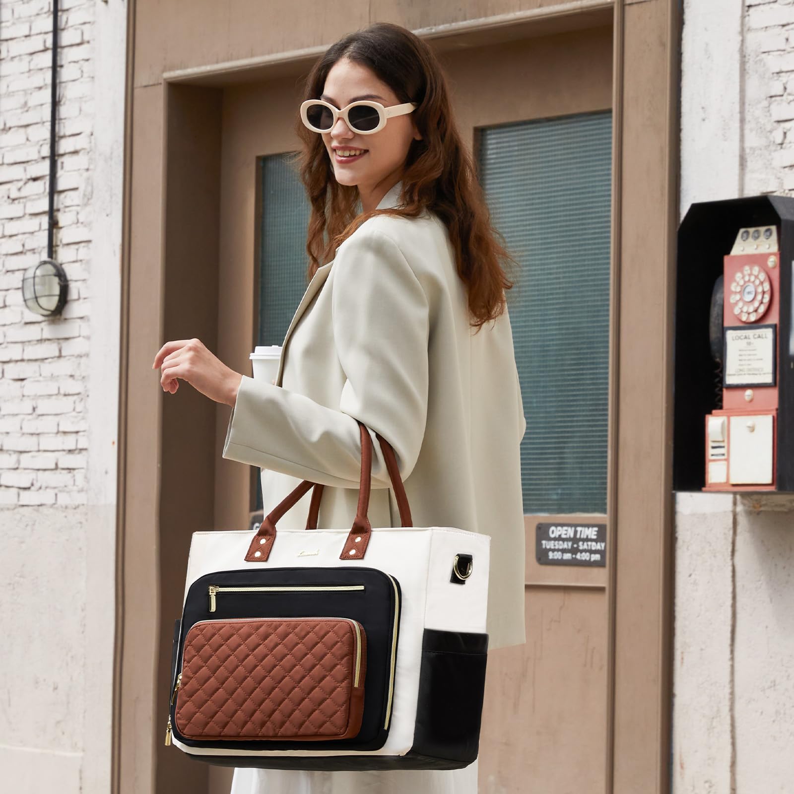 LOVEVOOK Teacher Tote Bag for Women, Laptop Bag Work Bags Computer Bag, Professional Briefcase Business Large Purses Handbag, Black-Beige-Brown, 17 Inch