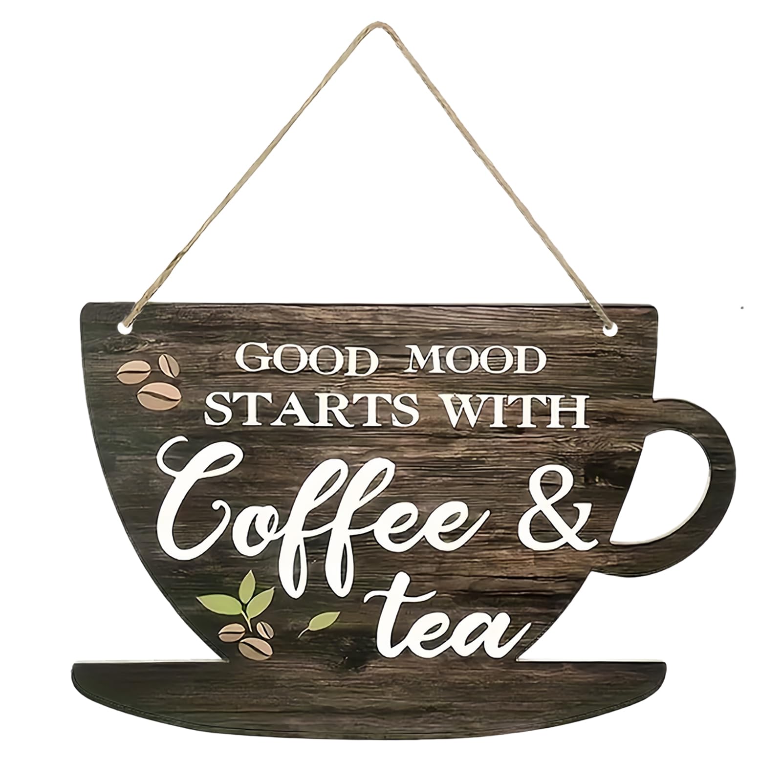 HUANYO Coffee Sign Wooden Hanging Plaque "Good Moon Starts with Coffee" - 29x19cm Farmhouse Kitchen Wall Decor, Rustic Wooden Plaque for Home, Bar, Cafe
