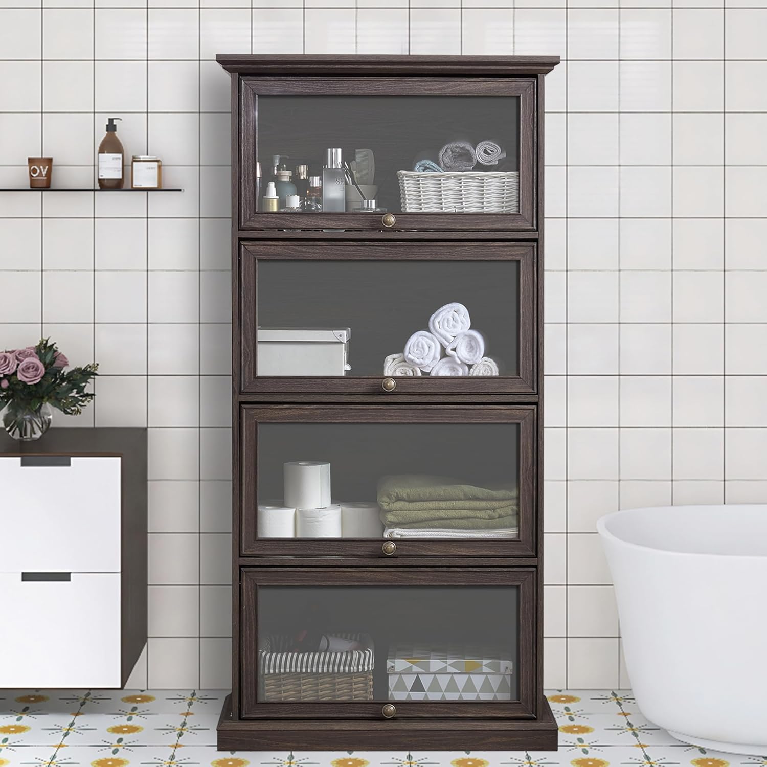 Brown Glass Display Curio Cabinet, Barrister Bookcase with Glass Doors, Rustic Brown Wood Display Cabinet, 31.5'L x 13.7'W x 63'H