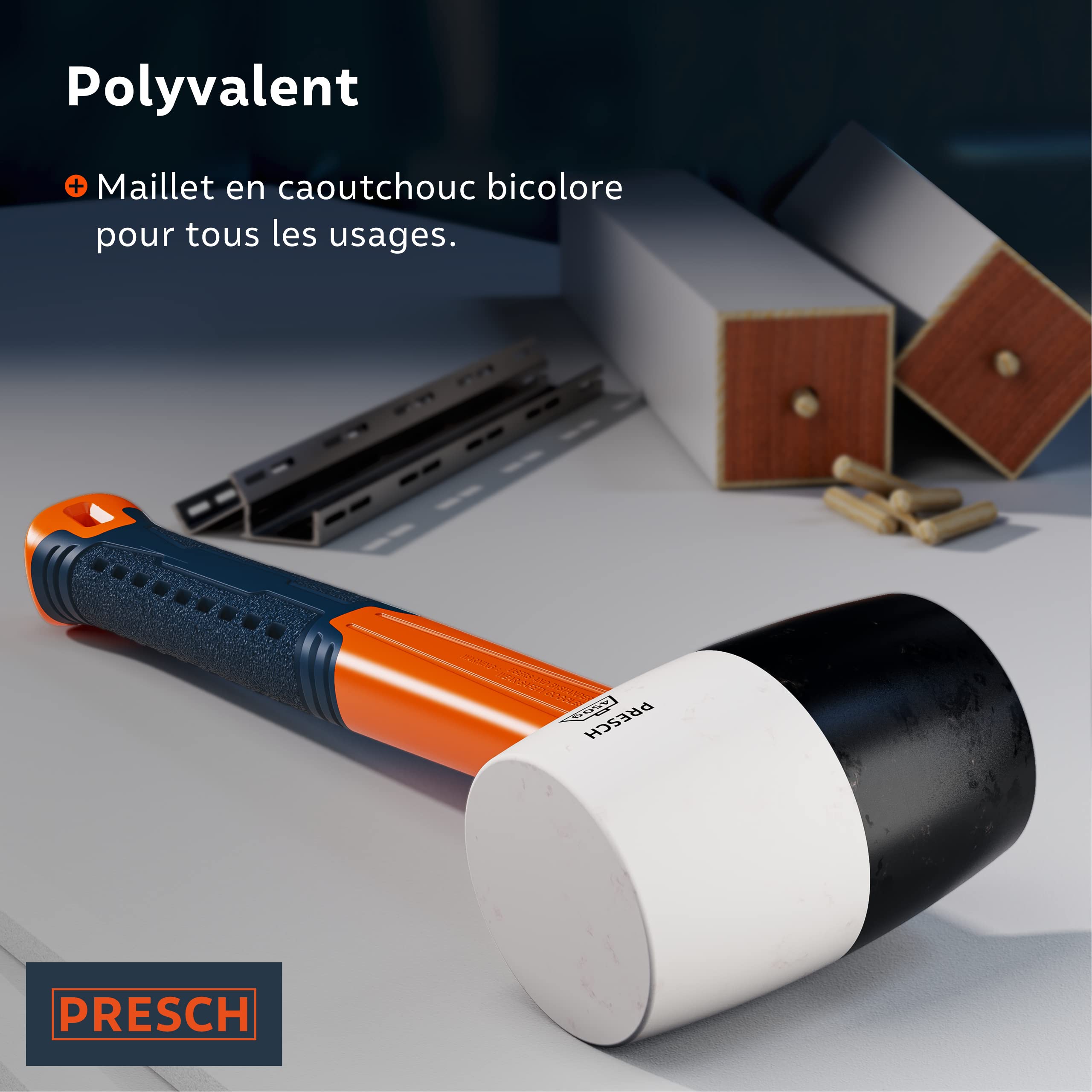 Presch Maillet caoutchouc noir/blanc 450g - Maillet caoutchouc avec manche en fibre de verre | ⌀=55mm - Marteau polyvalent à deux faces