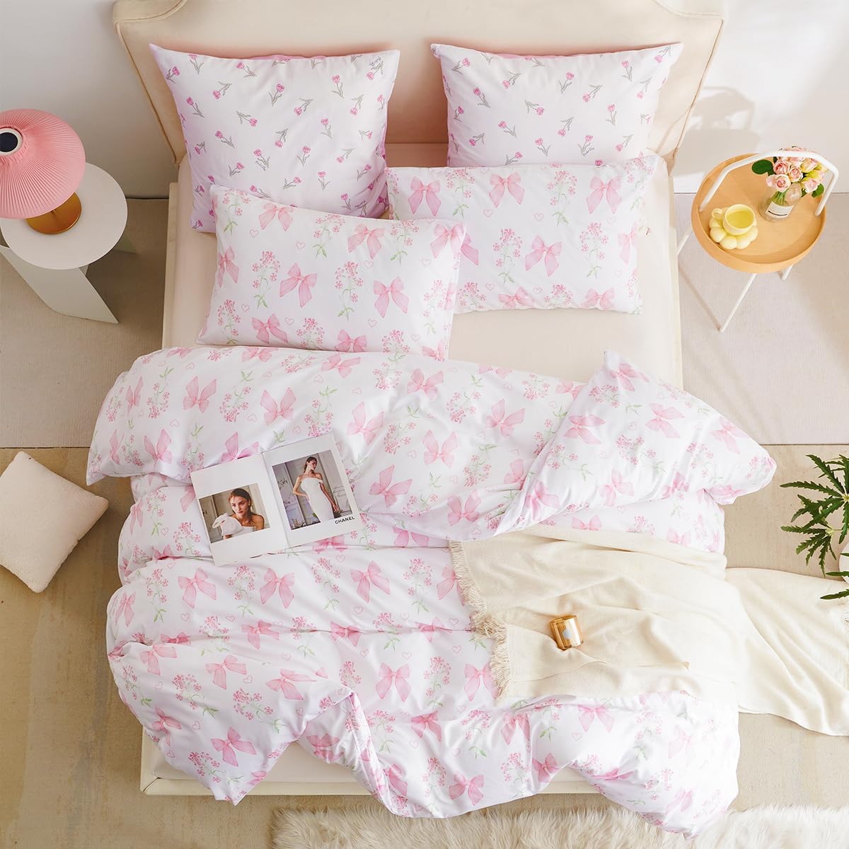 CCoutueChen Duvet Cover Full 3Pcs Pink Floral Bow Bedding Set for Girls Kids, Romantic Princess Style Bowknot Bedding, Ultra Soft Reversible Garden Flower Duvet Cover Set(2 Pillowcases,No Comforter)