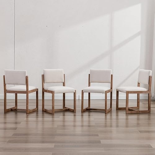 Miniatura 8 de LukeAlon Juego de 4 sillas de comedor vintage de lino, sillas laterales de cocina con respaldo abierto de granja con patas de madera maciza, sillas