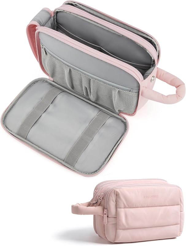 BAGSMART Necessaire de viagem rosa-claro com zíper, organizadora de cosméticos