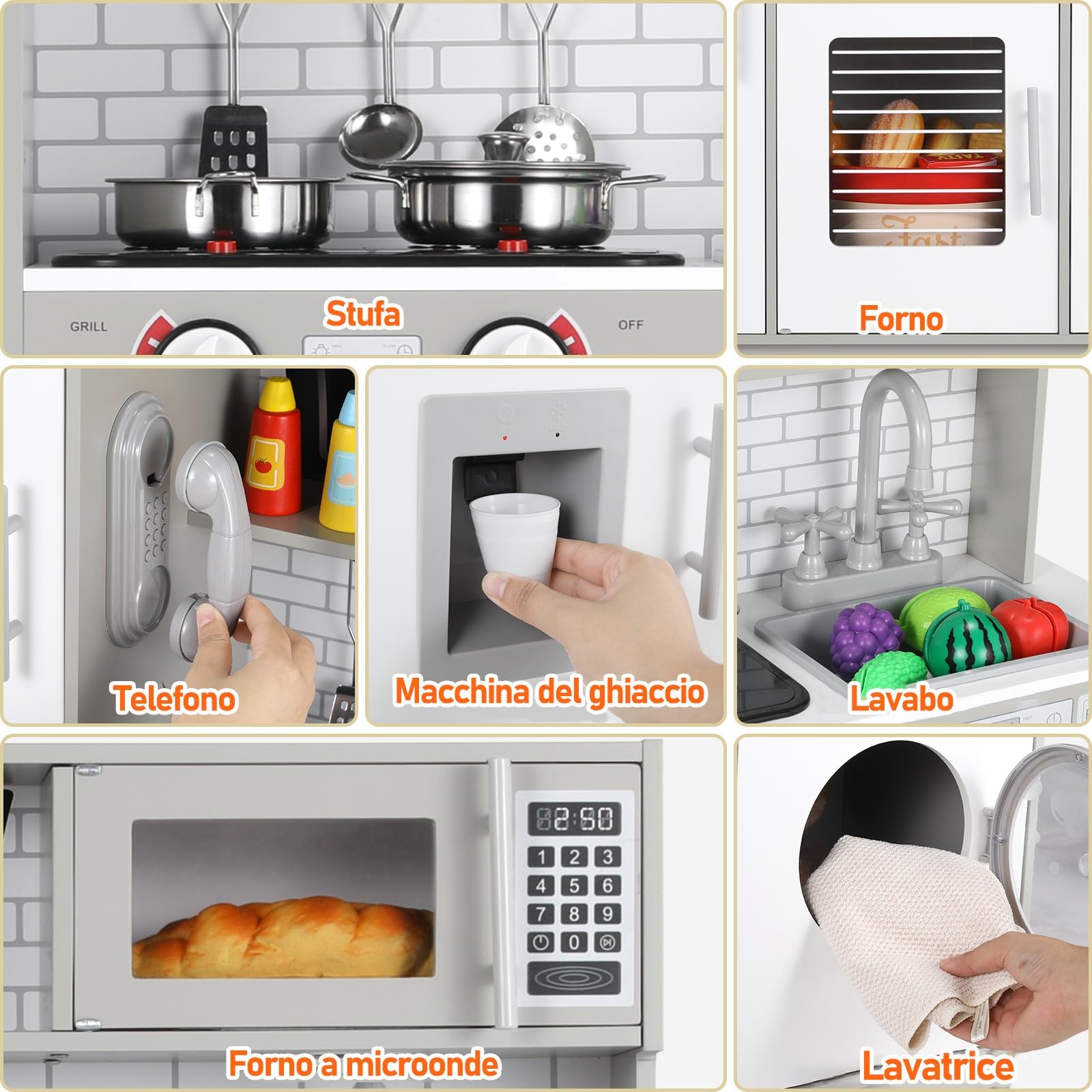 MAMIZO Cucina Giocattolo per Bambini, con Effetti Simulati di Luce e Suono, Cucina Bambini Legno con Accessori da Cucina da Gioco e Lavatrice, 82x80x25 cm, A Partire dai 3 Anni, Grigio-Bianco