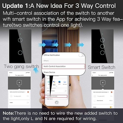 Miniatura 3 de MoesGo Interruptor de luz de pared inteligente WiFi, panel de vidrio, multicontrol (3 vías), interruptores táctiles Wi-Fi de 2.4 GHz, requiere cable