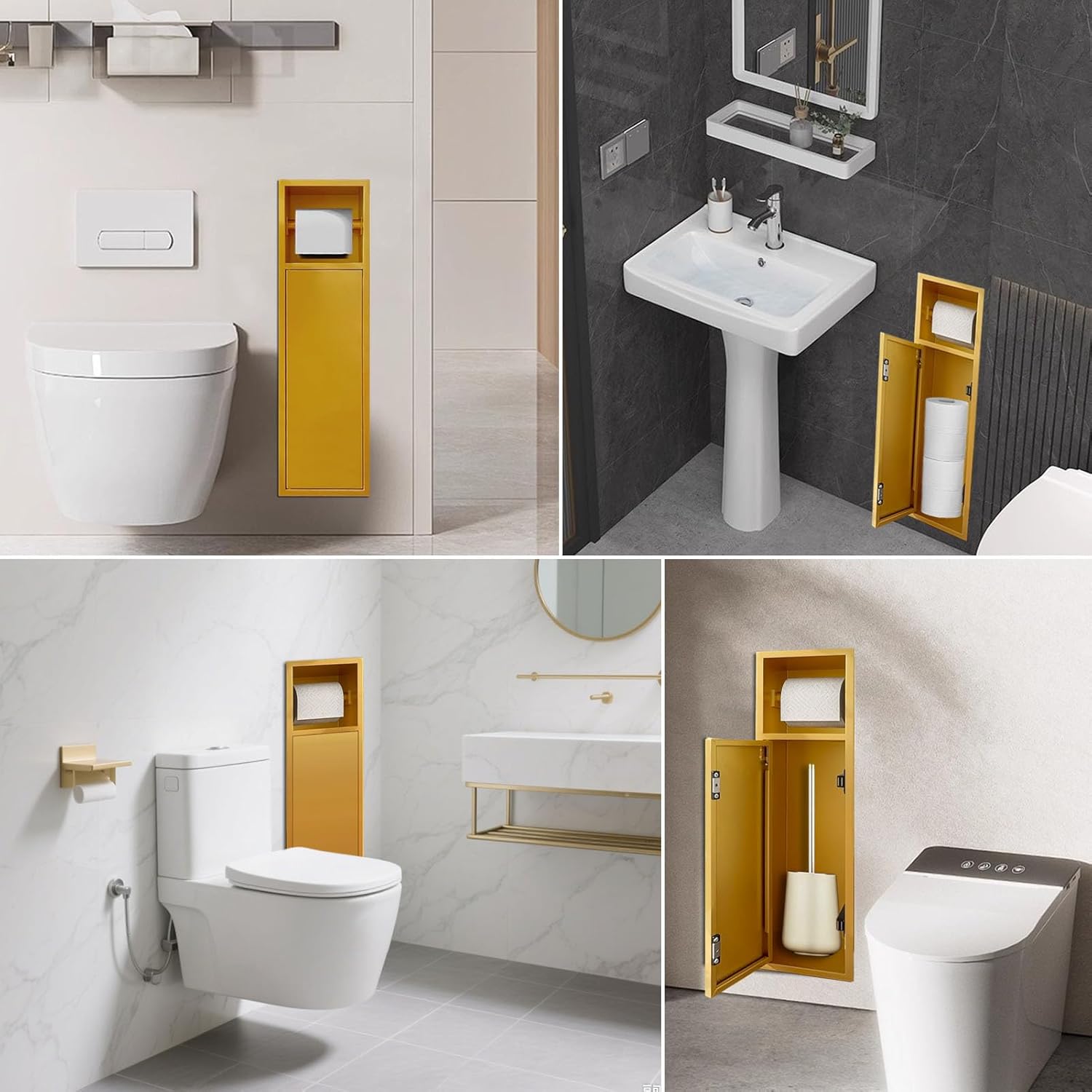 OKYSHDF Recessed Toilet Paper Holder, in Wall Toilet Brush Holder with Storage, Stainless Steel Tissue Paper Roll Dispenser for Bathroom Remodel Kitchen Hotel (Gold, 6.3″x4.9″x23.6″)