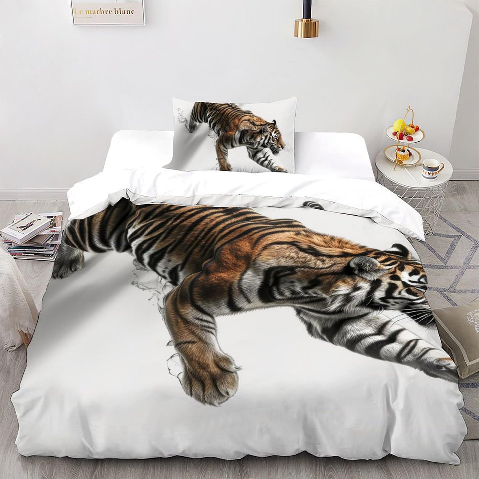 Housse couette enfant zippée motif tigre 3D pour lit simple 135x200cm avec taies