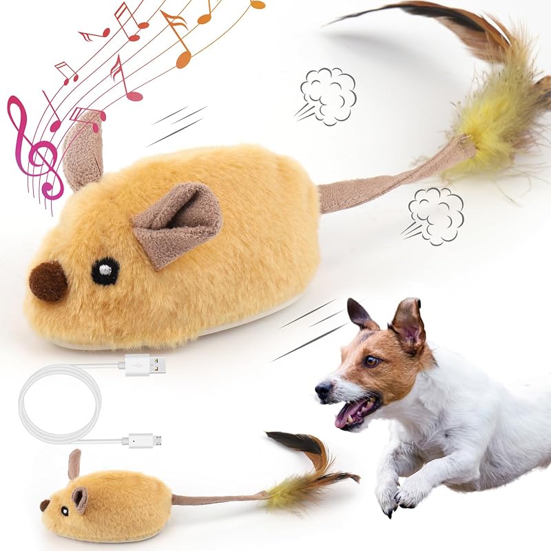 Interactive Dog Toys, Fake Mouse Moving Dog Toy with Automatic Sensor | Dog Mouse Toy with Realistic Sound & Extended Tail, Automatic Dog Toy for Cats Dogs Pet, Squeaky Dog Toys Yellow