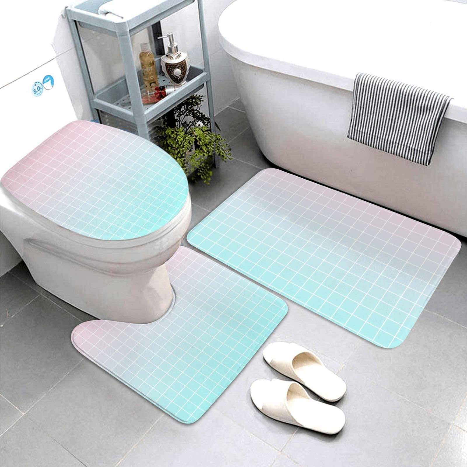 Tapis de salle de bain pour sortie de baignoire et toilette motif géométrique