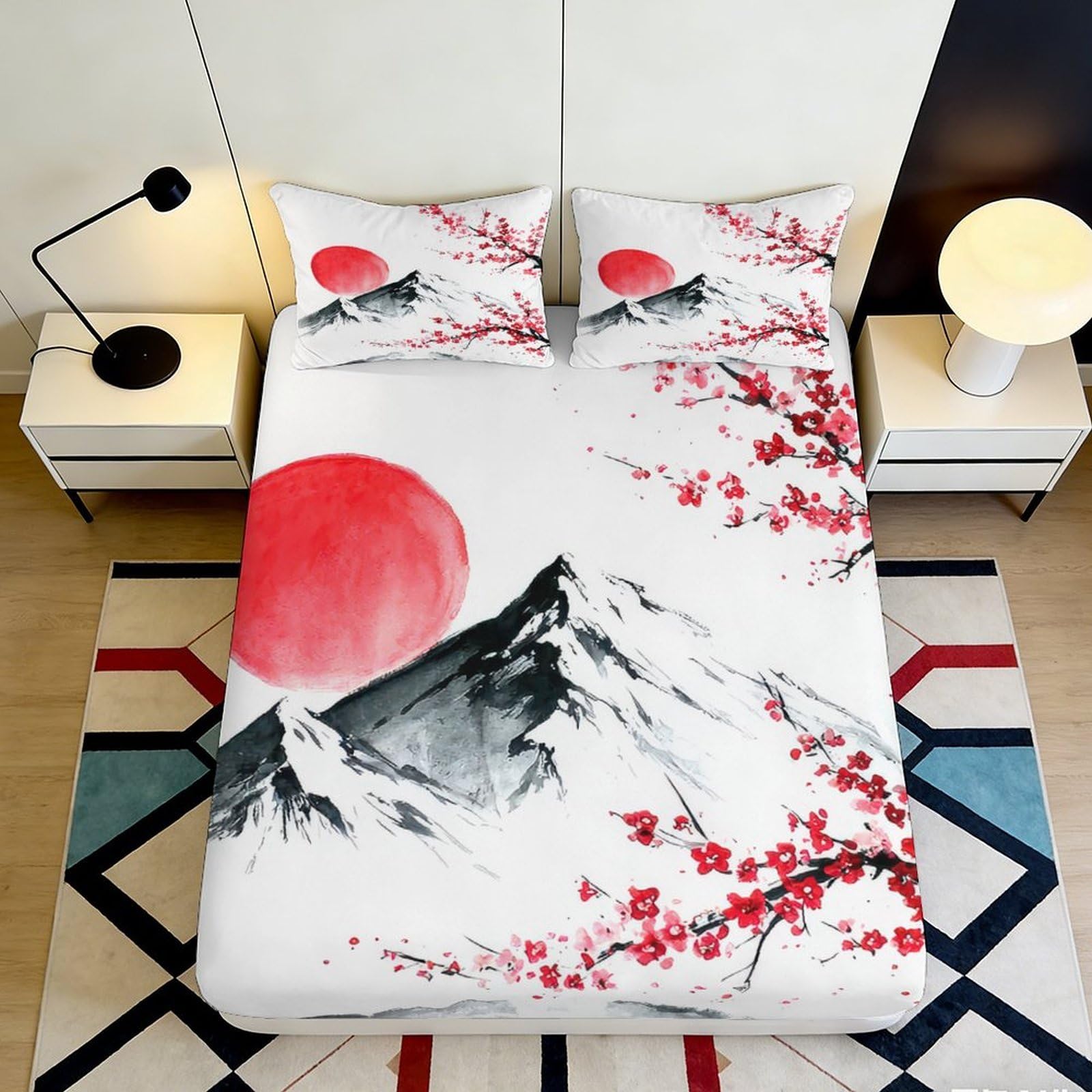 Jqzkxnhpbr Style-8 3D Printed Red Sun Mountain Fitted Sheet Microfiber Soft Cherry Blossom Bed Cover For Bedroom Guest Room Decor 90X200x25cm