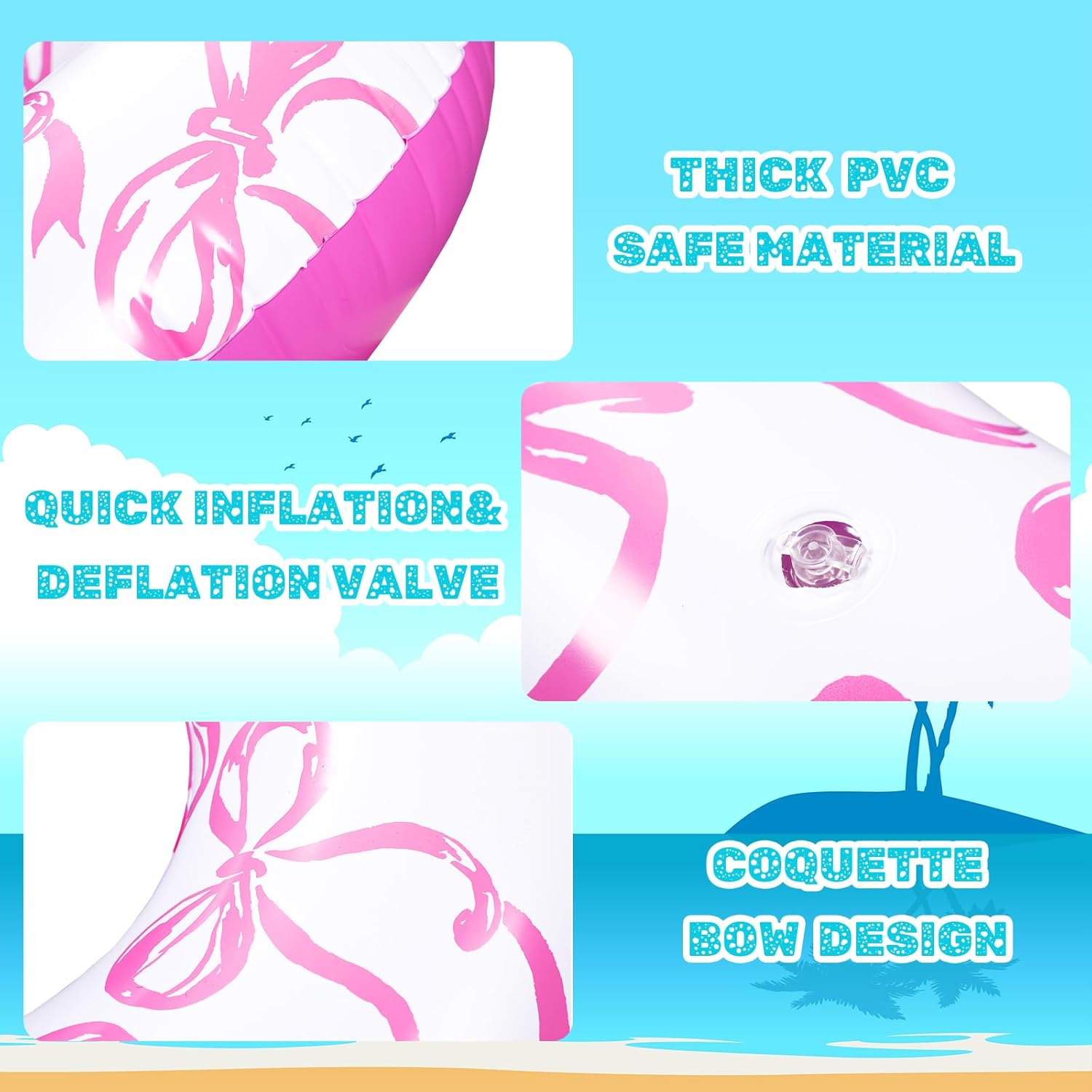 Hollowfly 3 Pcs 31.5'' Pink Bow Inflatable Pool Floats Plaything Pool Swim Tubes Rings Cute Coquette Inflation Swimming Ring Party Floaties for Summer Beach Preppy Party Supplies