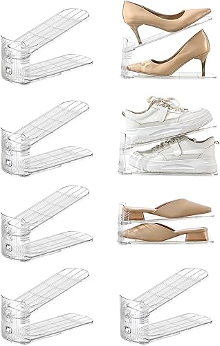 Organizador de ranuras para zapatos, apilador de zapatos transparente, estante de zapatos de nivel ajustable, ahorro de espacio de almacenamiento