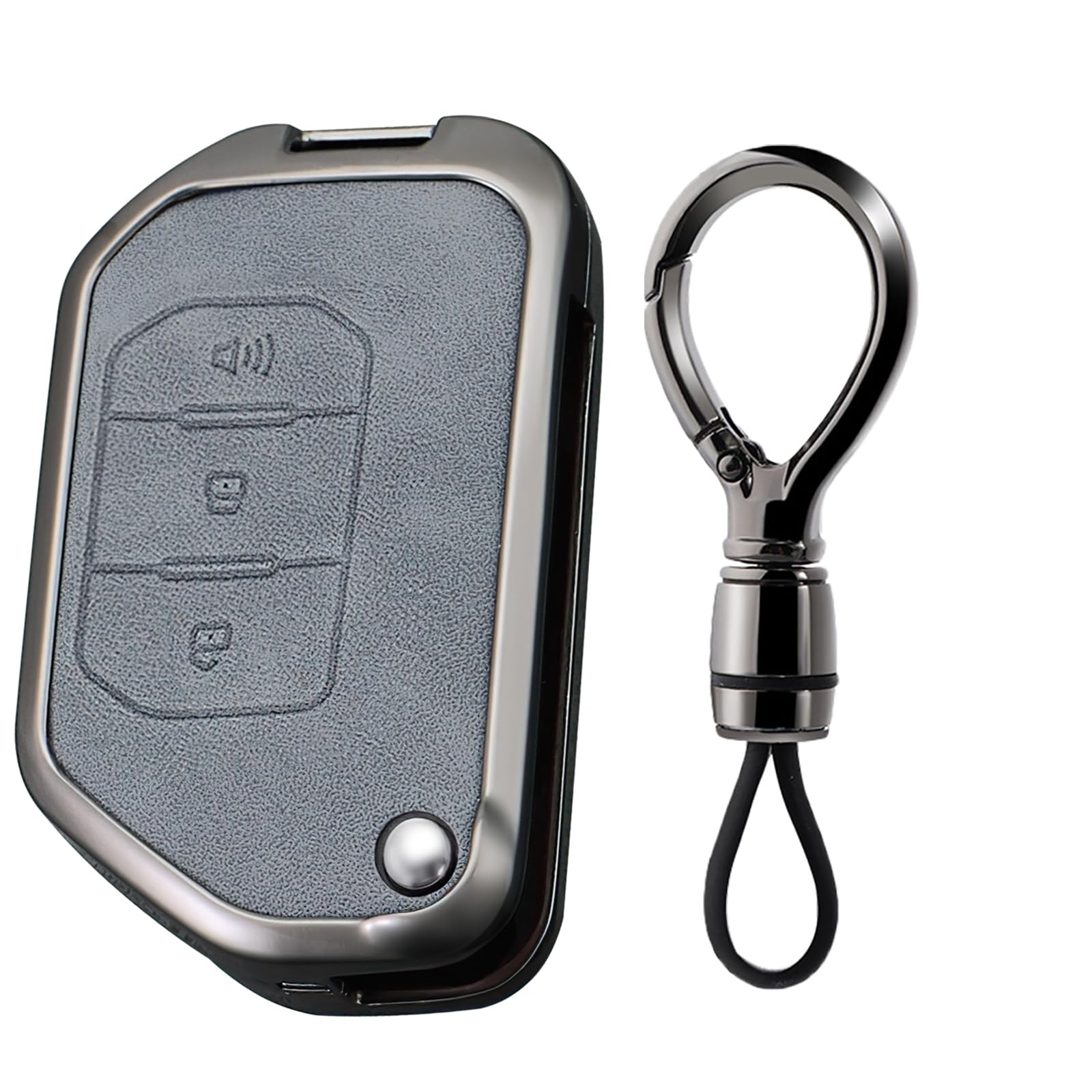 SANRILY Gray Metal Leather 3 Button Flip Key Fob Cover Compatible with Wrangler JL JLU Gladiator JT Rubicon Sahara JLU 2018-2022 Keyless Key Holder