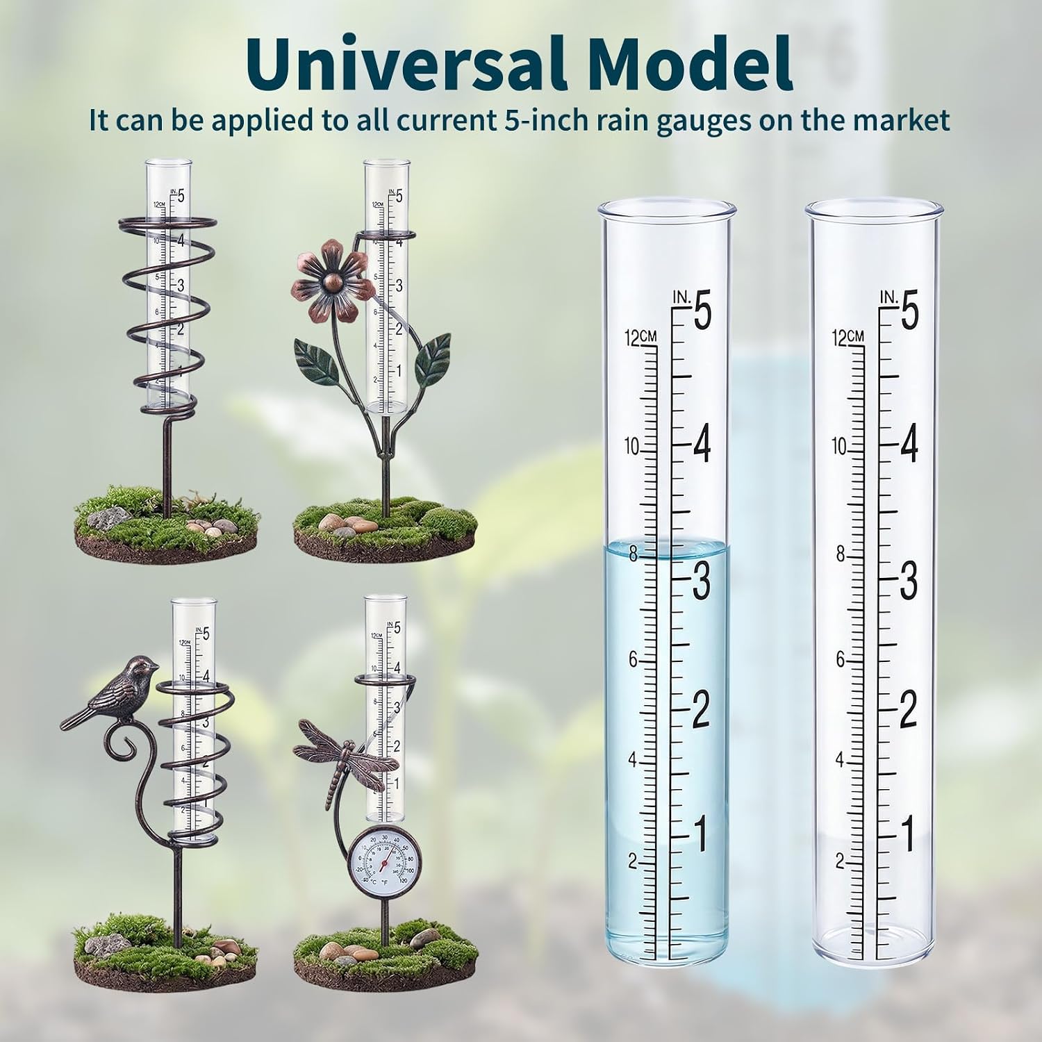 2-Pack Rain Gauge Replacement Tube - 5" Capacity Easy-to-Read Magnifying Rain Gauge for Outdoor - Plastic Clear Rain Gauges for Garden Yard Home - Accurate Measurement with Dual Scales